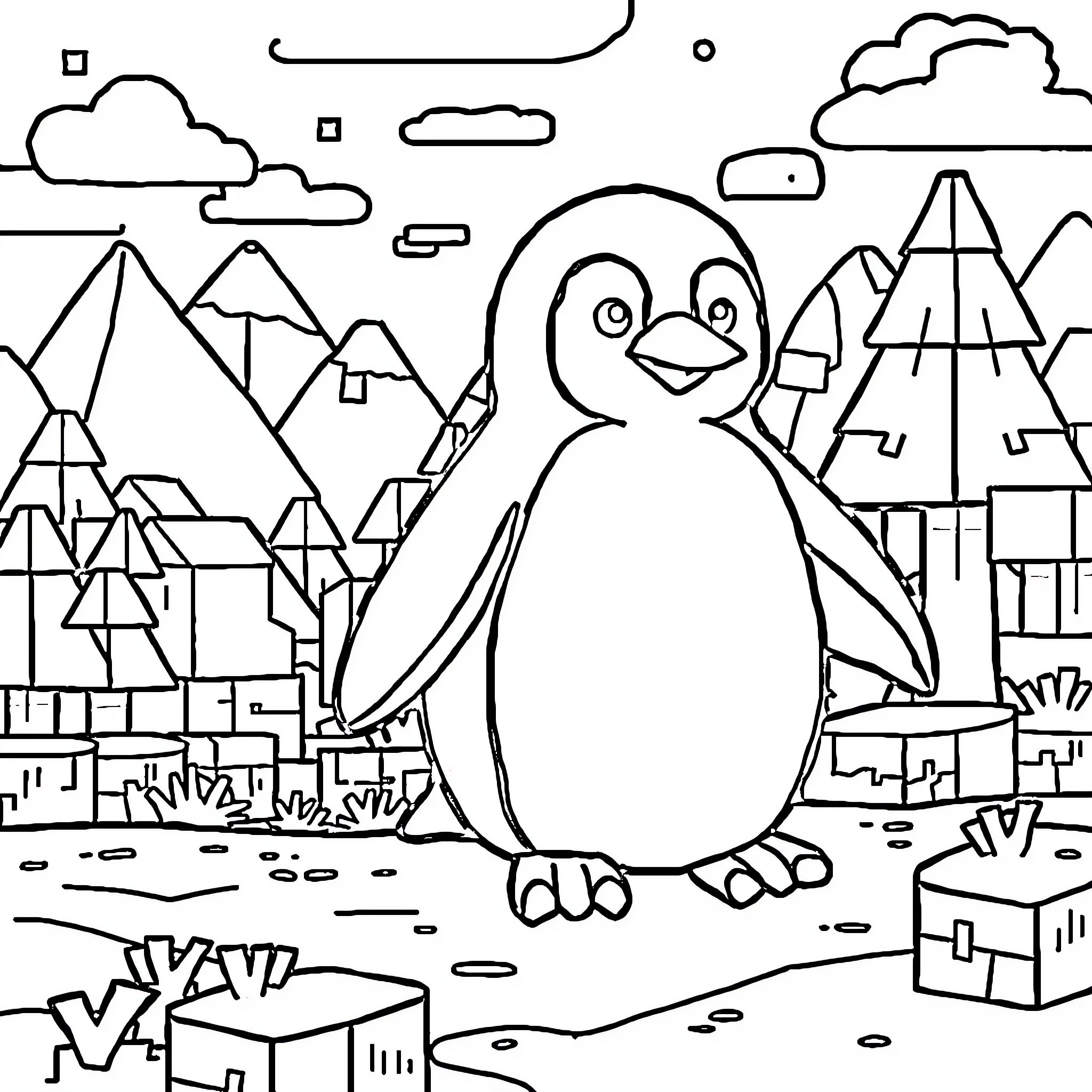 Penguin enjoying the winter wonderland Coloring Page (free black-and-white line drawing printable PDF for all, from beginners to advanced learners, including children, teens, adults, and seniors)