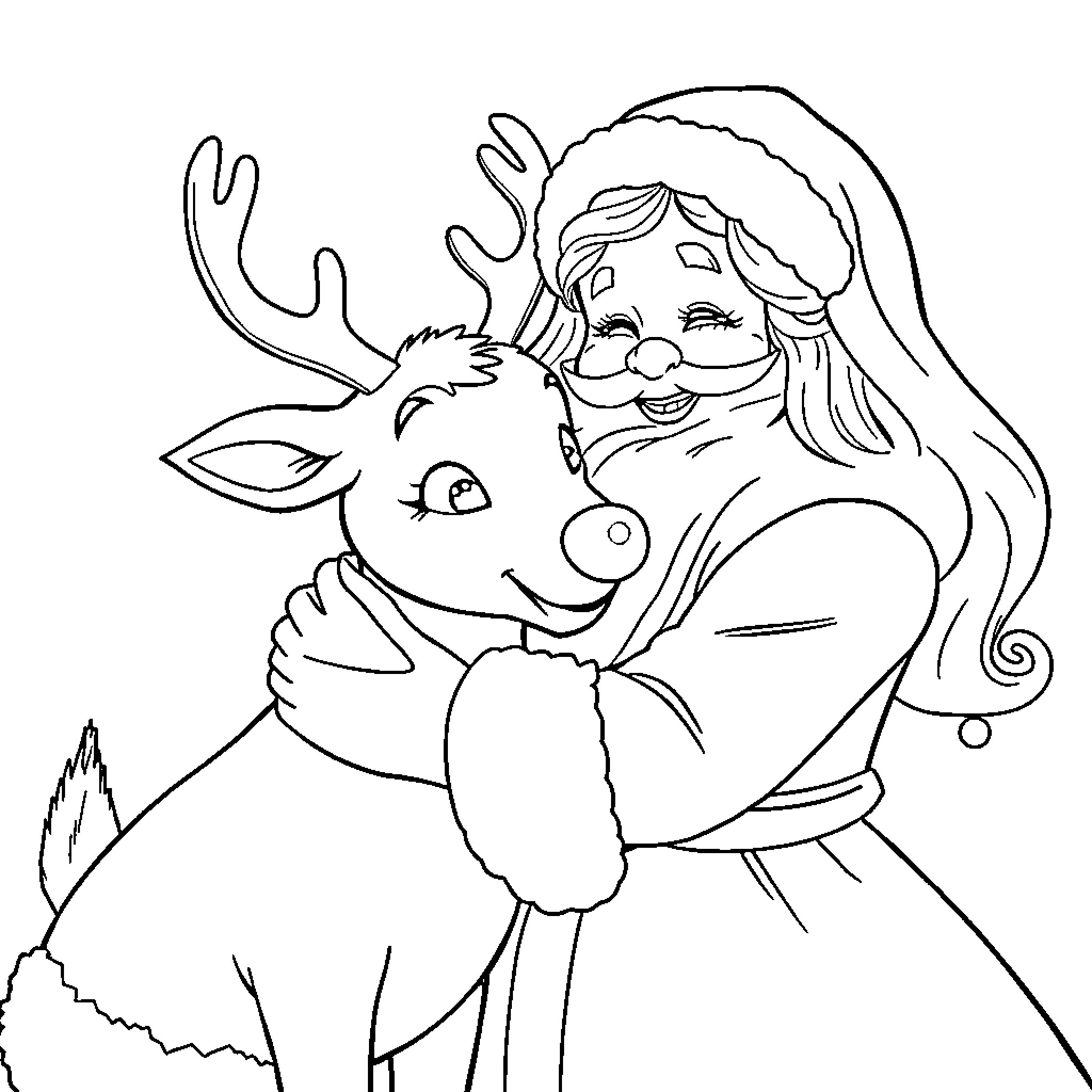 Mrs. Claus hugging reindeer in winter scene Coloring Page (free black-and-white line drawing printable PDF for all, from beginners to advanced learners, including children, teens, adults, and seniors)