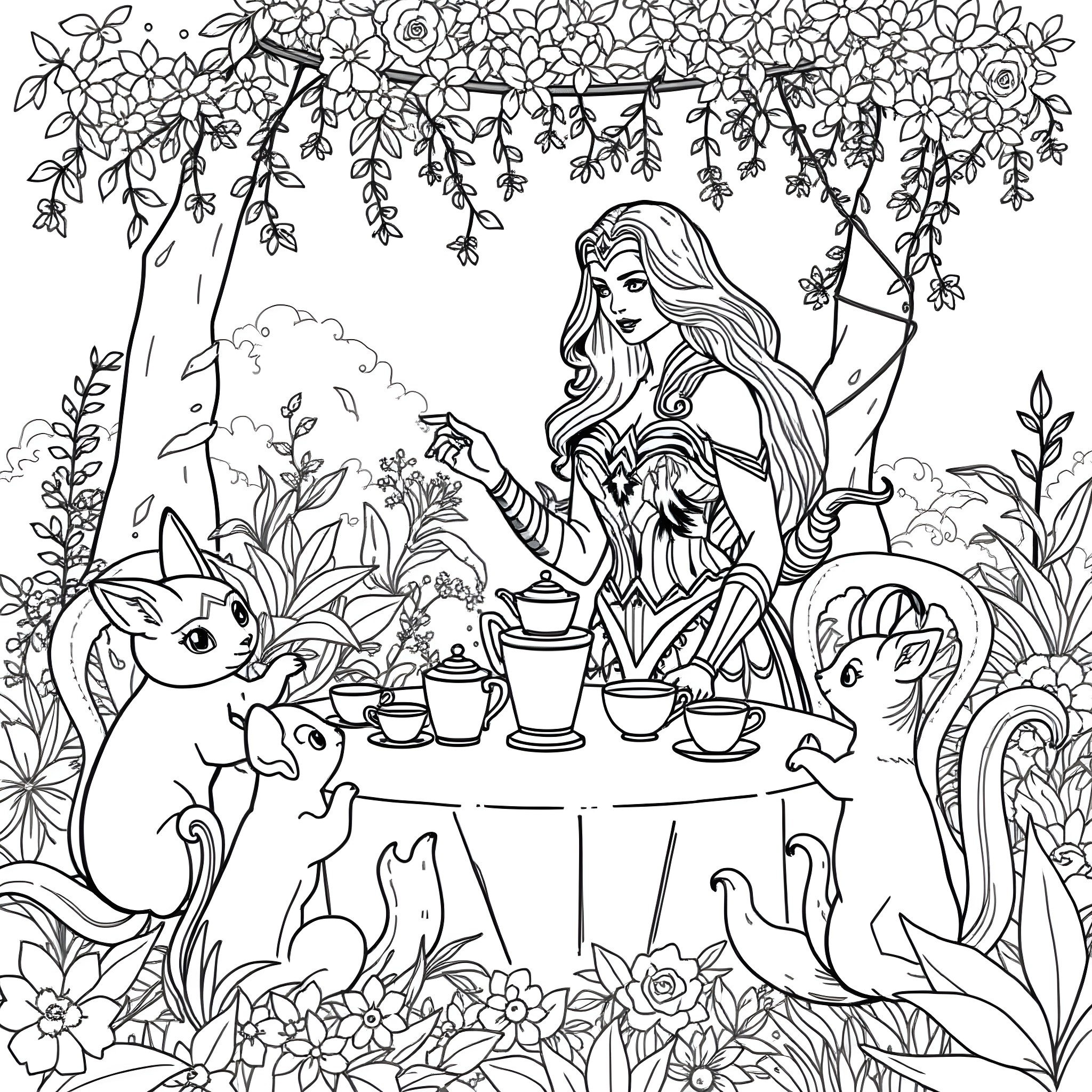 Wonder Woman's Magical Garden Tea Party Coloring Page (free black-and-white line drawing printable PDF for all, from beginners to advanced learners, including children, teens, adults, and seniors)