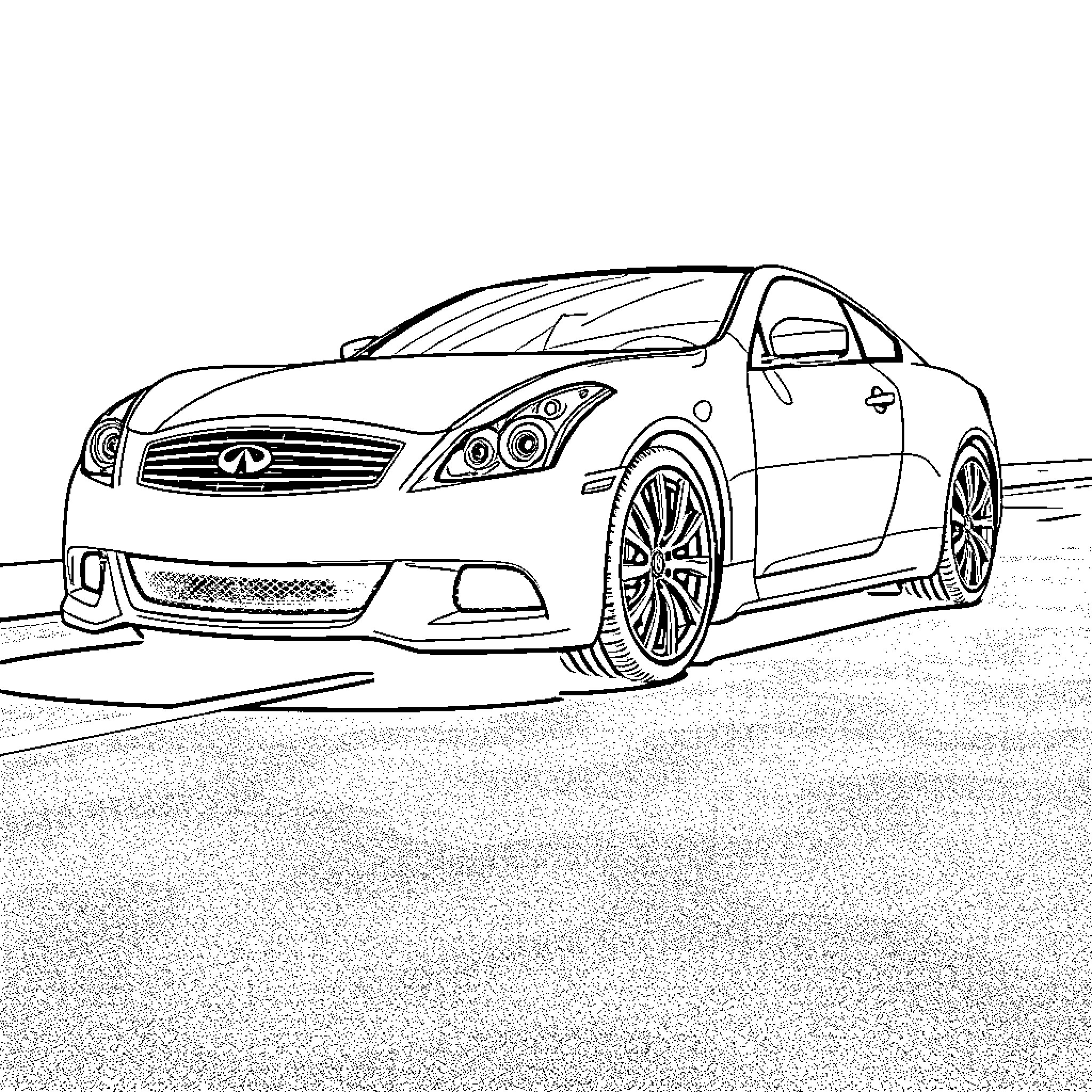 Infiniti luxury sports car on the road Coloring Page (free black-and-white line drawing printable PDF for all, from beginners to advanced learners, including children, teens, adults, and seniors)