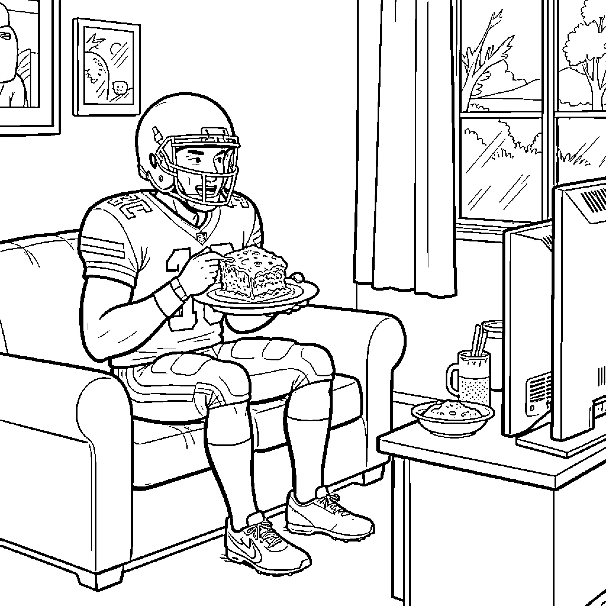 Football player eating cake while watching television Coloring Page (free black-and-white line drawing printable PDF for all, from beginners to advanced learners, including children, teens, adults, and seniors)