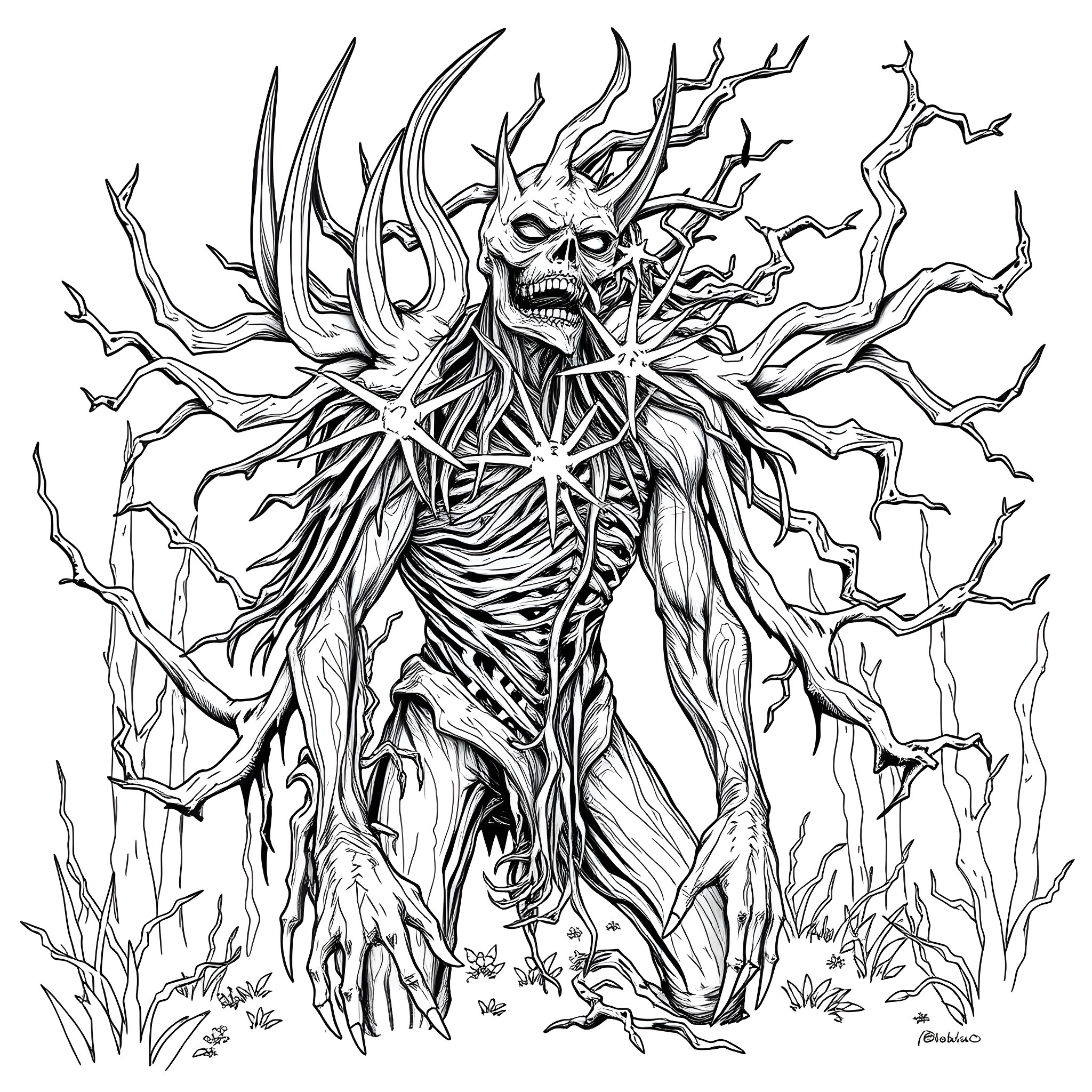 Wendigo - Terrifying Skeletal Monster in the Wilderness Coloring Page (free black-and-white line drawing printable PDF for all, from beginners to advanced learners, including children, teens, adults, and seniors)