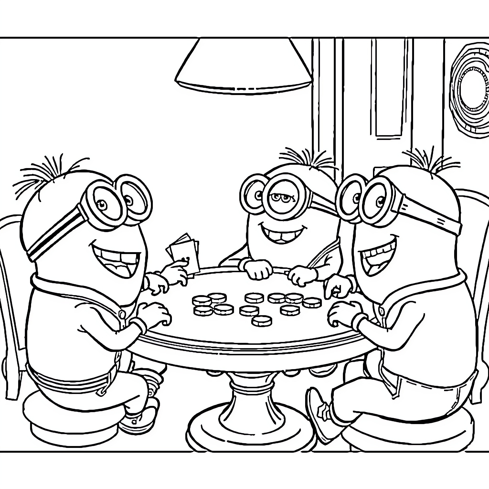 Minions playing game and enjoying snacks together Coloring Page (free black-and-white line drawing printable PDF for all, from beginners to advanced learners, including children, teens, adults, and seniors)