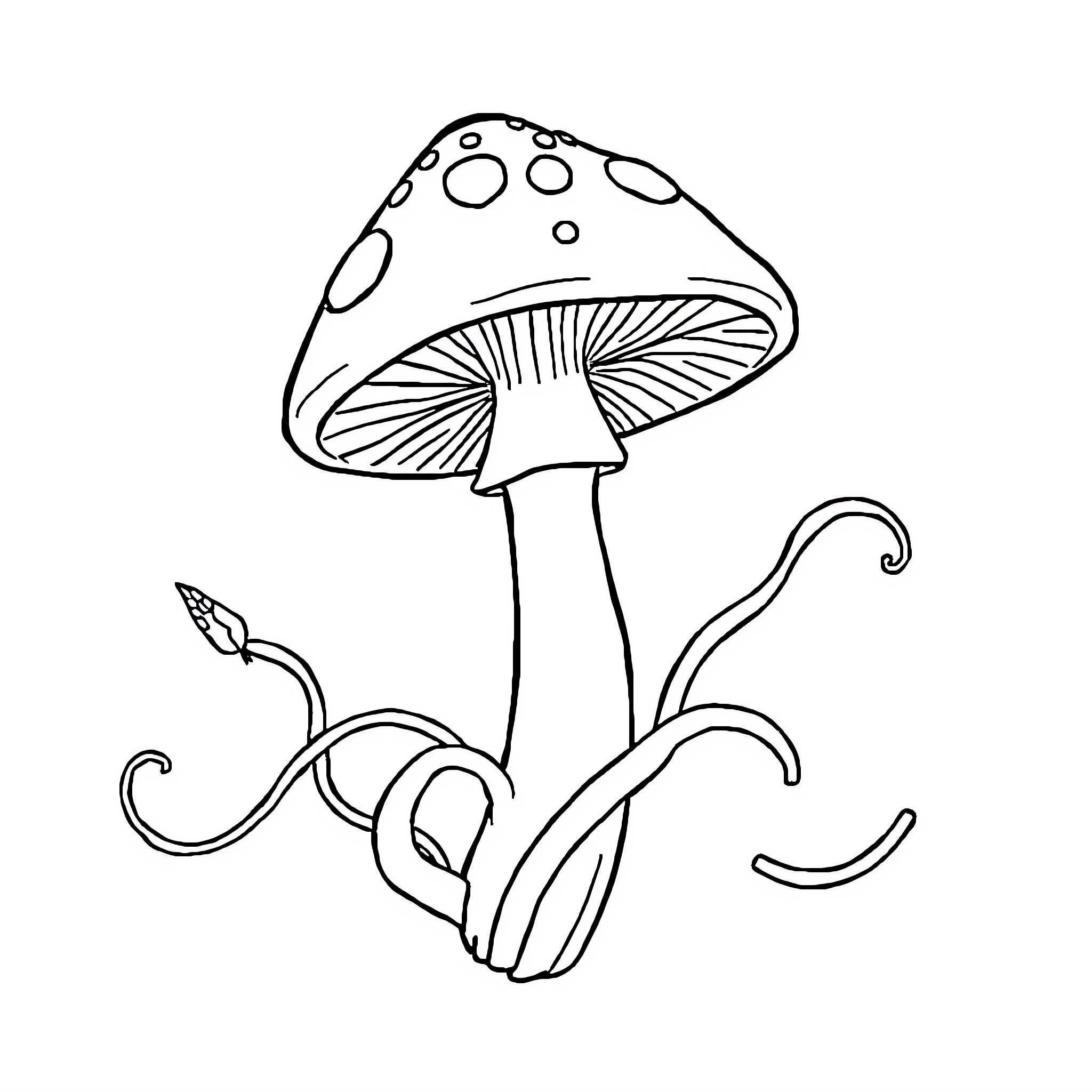 Méduse - Whimsical Mushroom Illustration Coloring Page (free black-and-white line drawing printable PDF for all, from beginners to advanced learners, including children, teens, adults, and seniors)