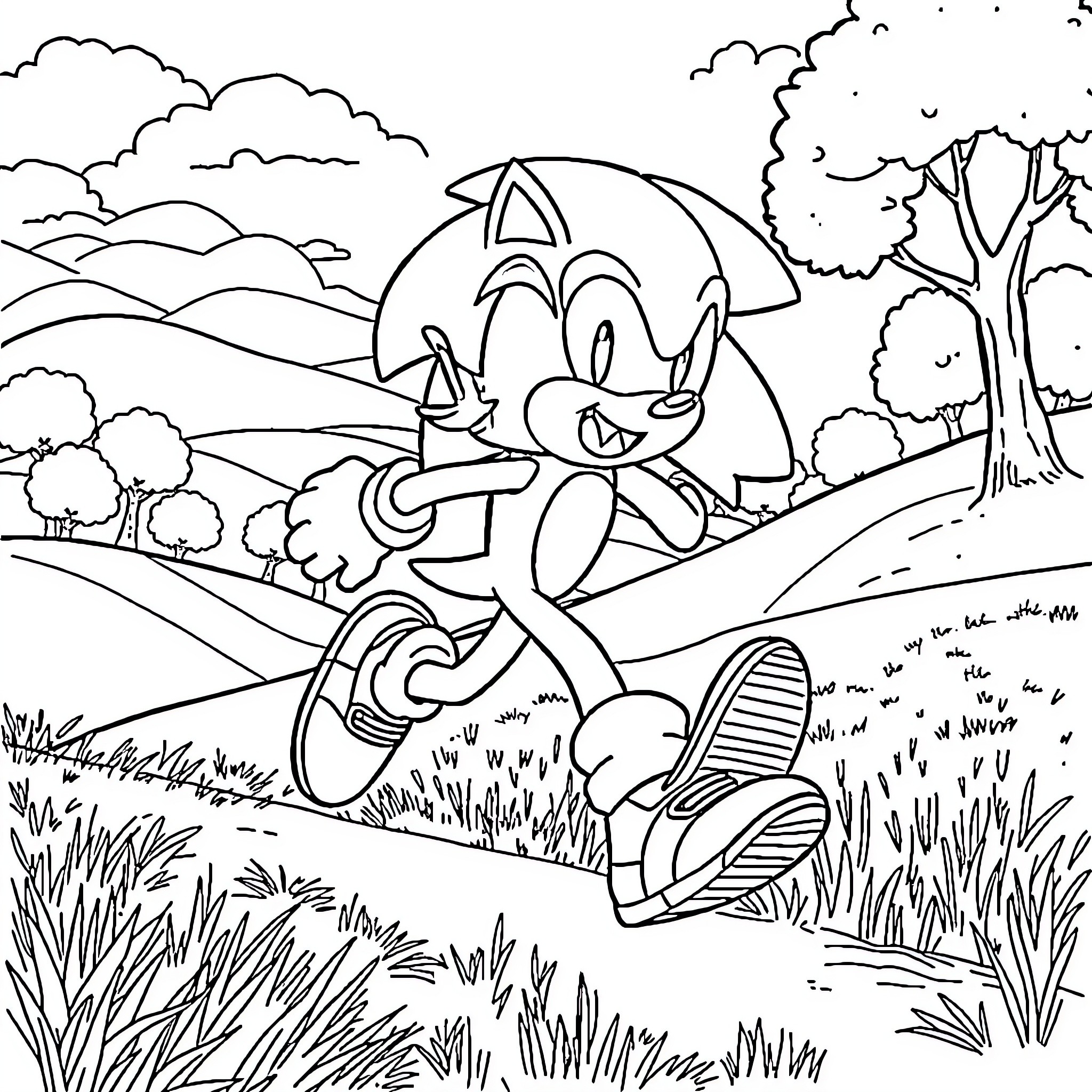 Sonic running through a peaceful forest landscape Coloring Page (free black-and-white line drawing printable PDF for all, from beginners to advanced learners, including children, teens, adults, and seniors)
