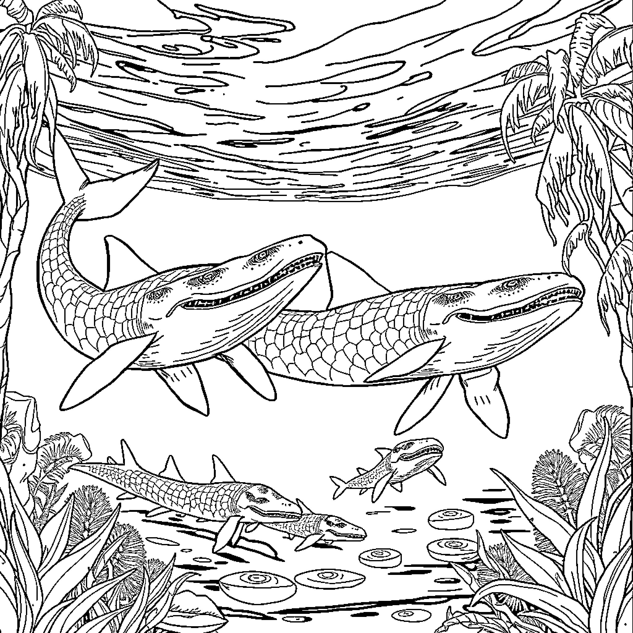 Pirarucu underwater adventure with tropical marine life Coloring Page (free black-and-white line drawing printable PDF for all, from beginners to advanced learners, including children, teens, adults, and seniors)