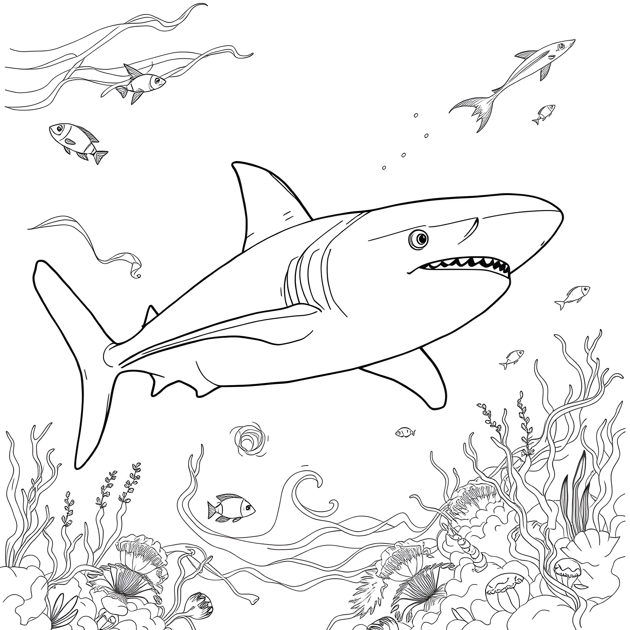 Shark exploring the underwater world Coloring Page (free black-and-white line drawing printable PDF for all, from beginners to advanced learners, including children, teens, adults, and seniors)