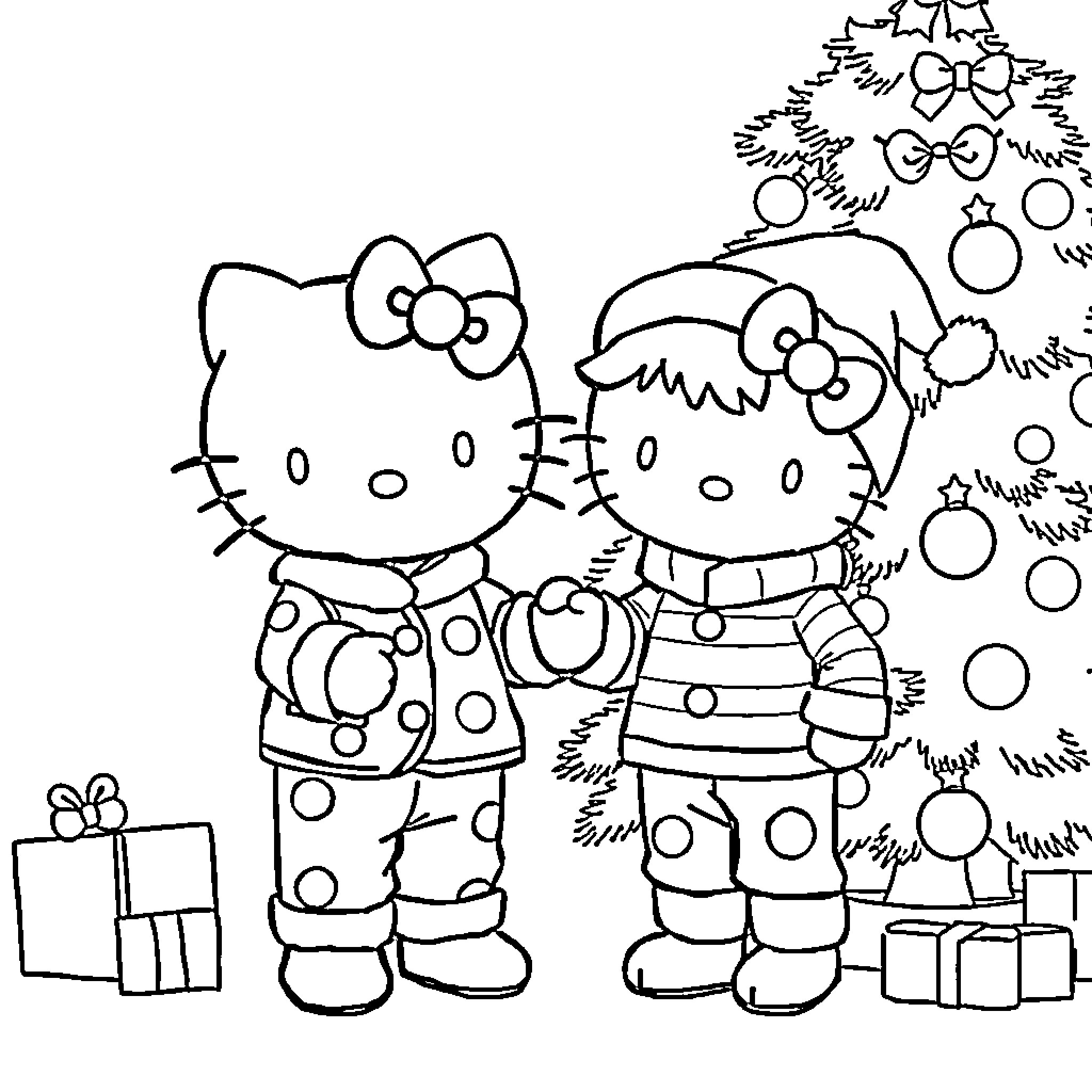 Hello Kitty Celebrate Christmas with Friends Coloring Page (free black-and-white line drawing printable PDF for all, from beginners to advanced learners, including children, teens, adults, and seniors)