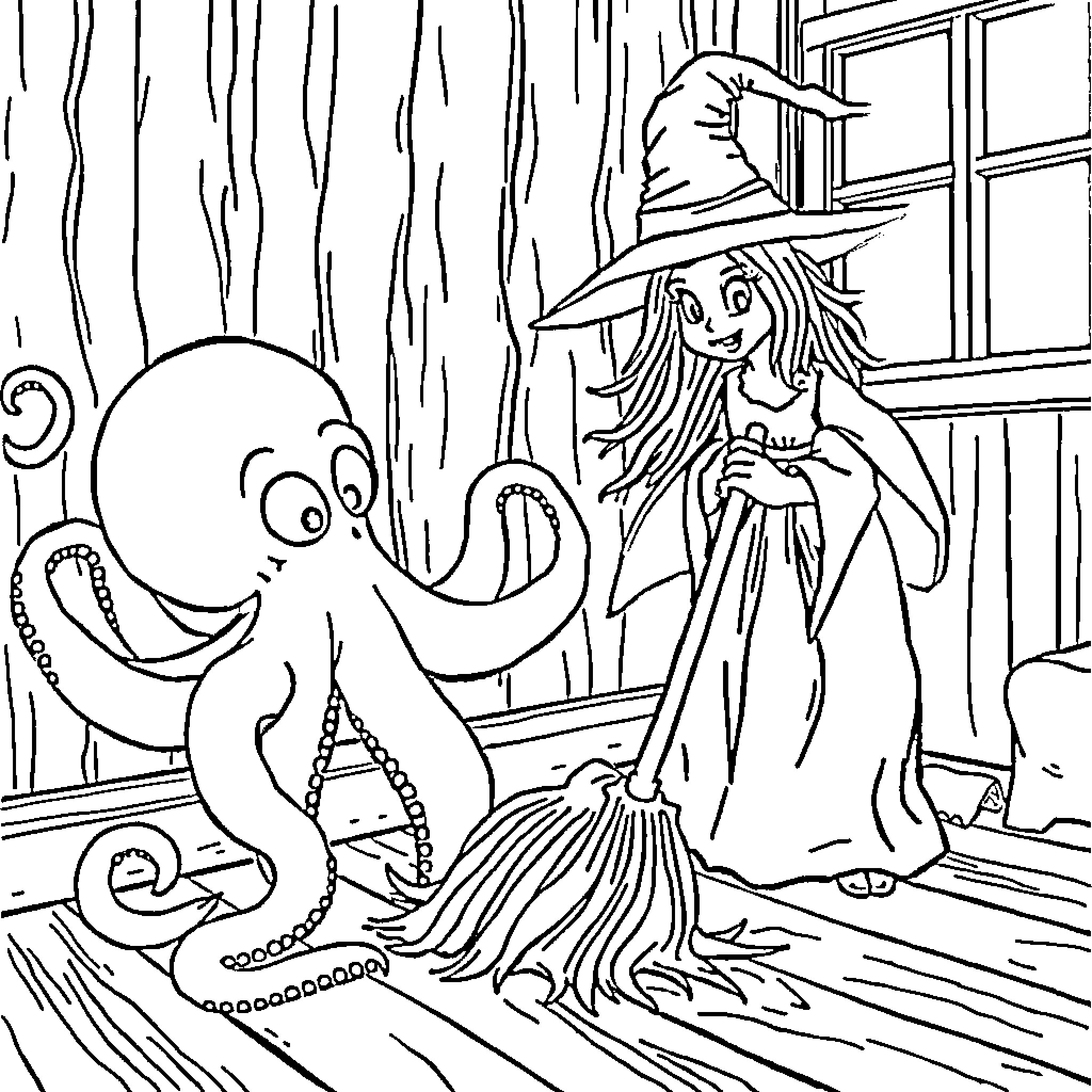Witch sweeping with her trusty octopus companion Coloring Page (free black-and-white line drawing printable PDF for all, from beginners to advanced learners, including children, teens, adults, and seniors)