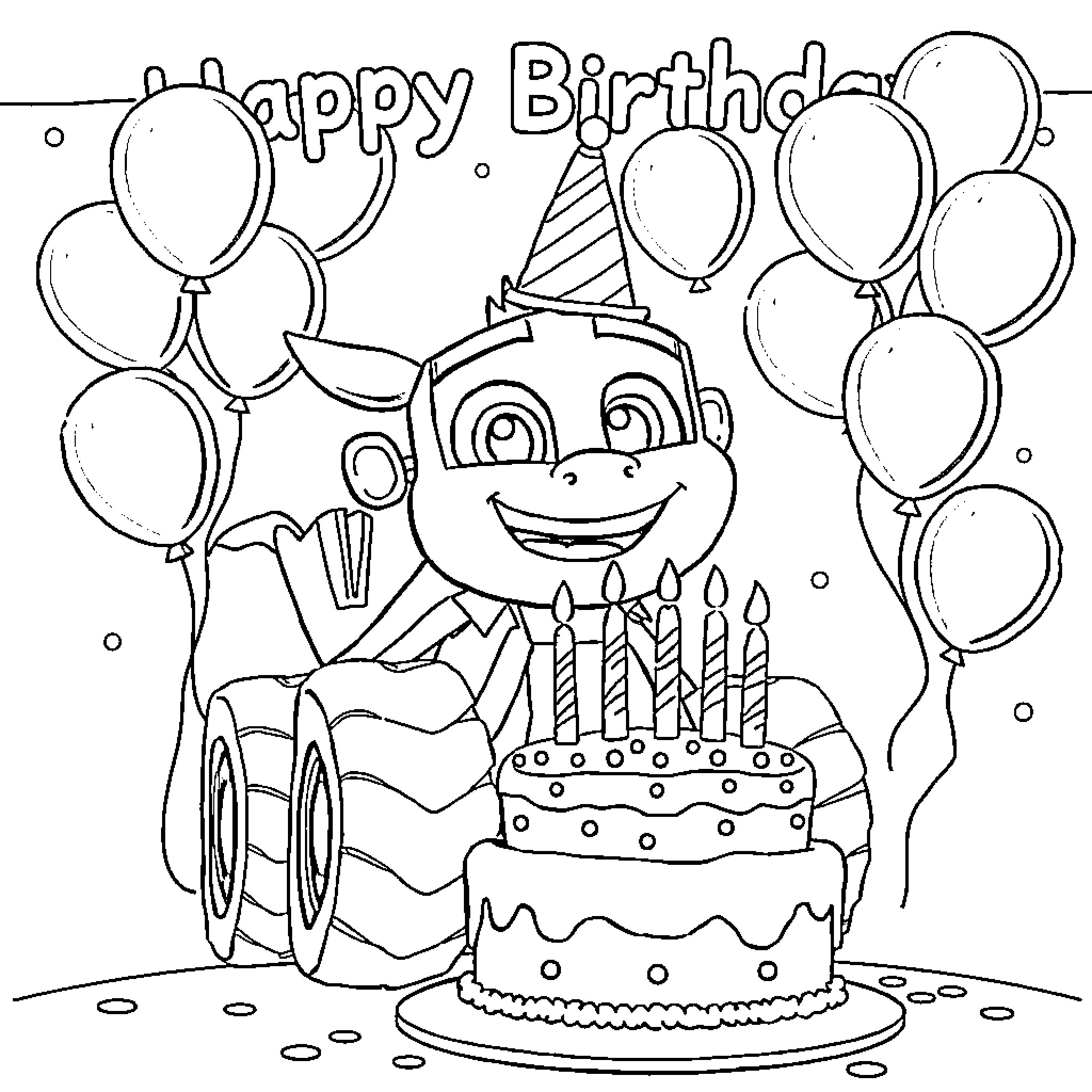 Blaze of Birthday Celebration Coloring Page (free black-and-white line drawing printable PDF for all, from beginners to advanced learners, including children, teens, adults, and seniors)
