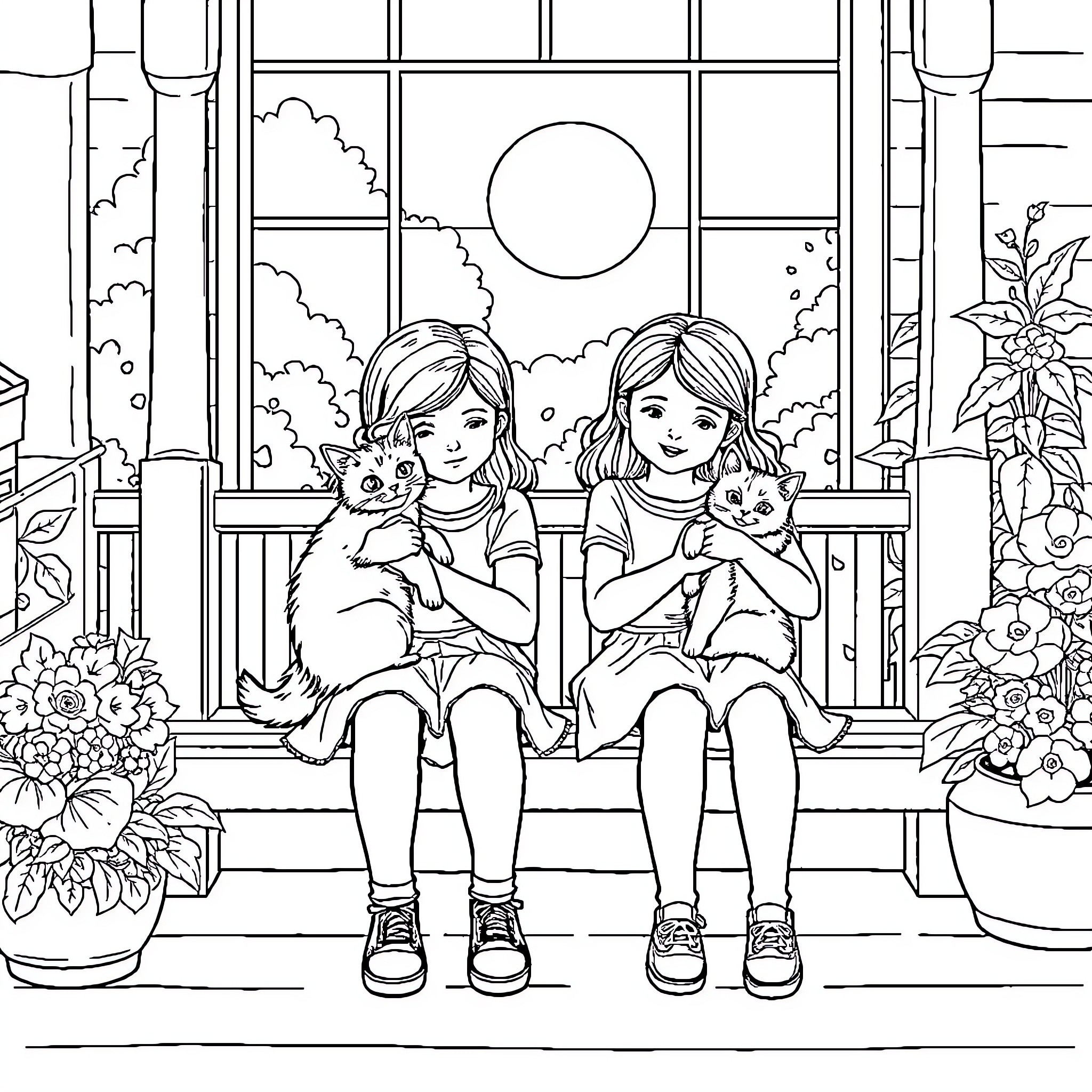 Girls enjoying a cozy day on the porch with pets Coloring Page (free black-and-white line drawing printable PDF for all, from beginners to advanced learners, including children, teens, adults, and seniors)
