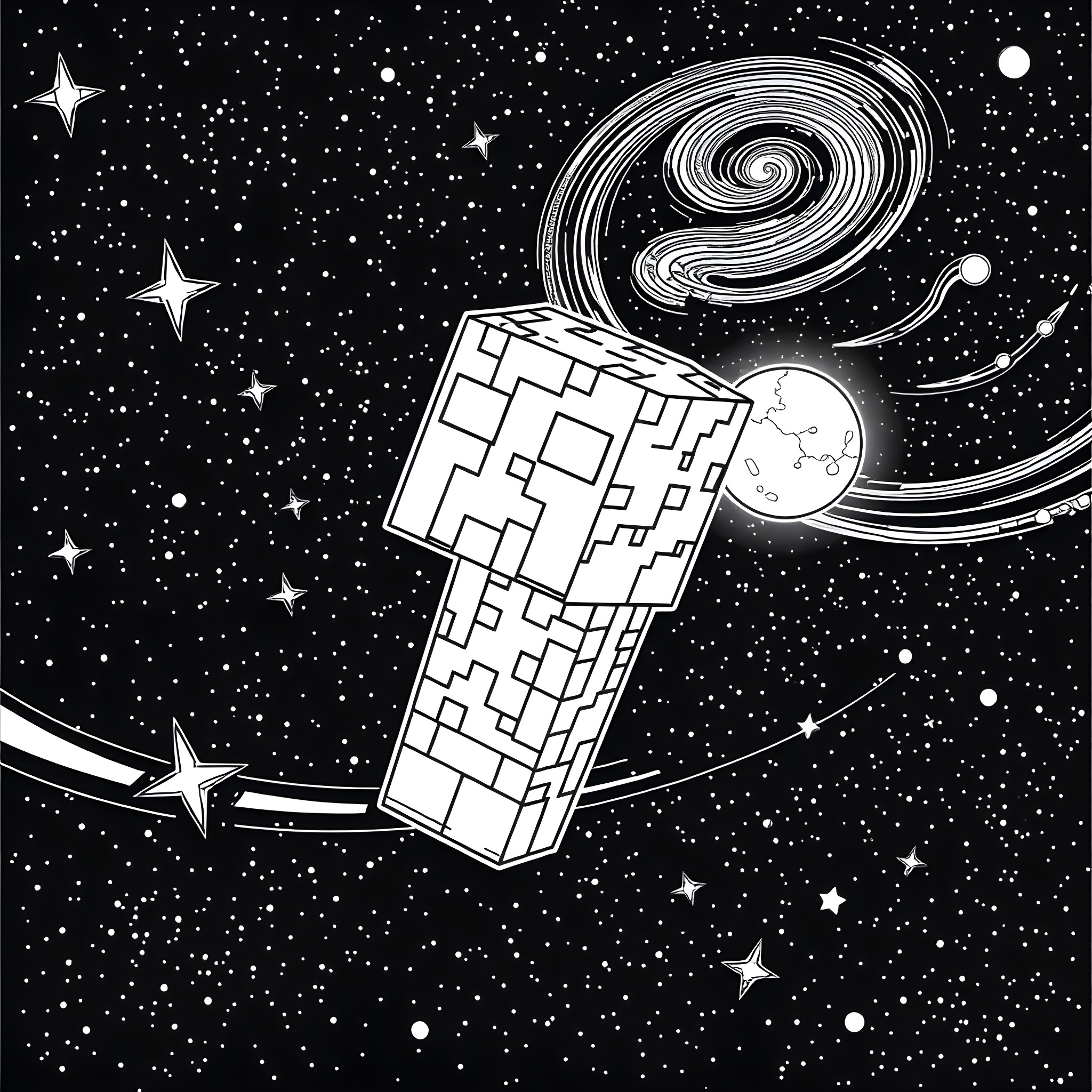 Creeper exploring the cosmic galaxy Coloring Page (free black-and-white line drawing printable PDF for all, from beginners to advanced learners, including children, teens, adults, and seniors)