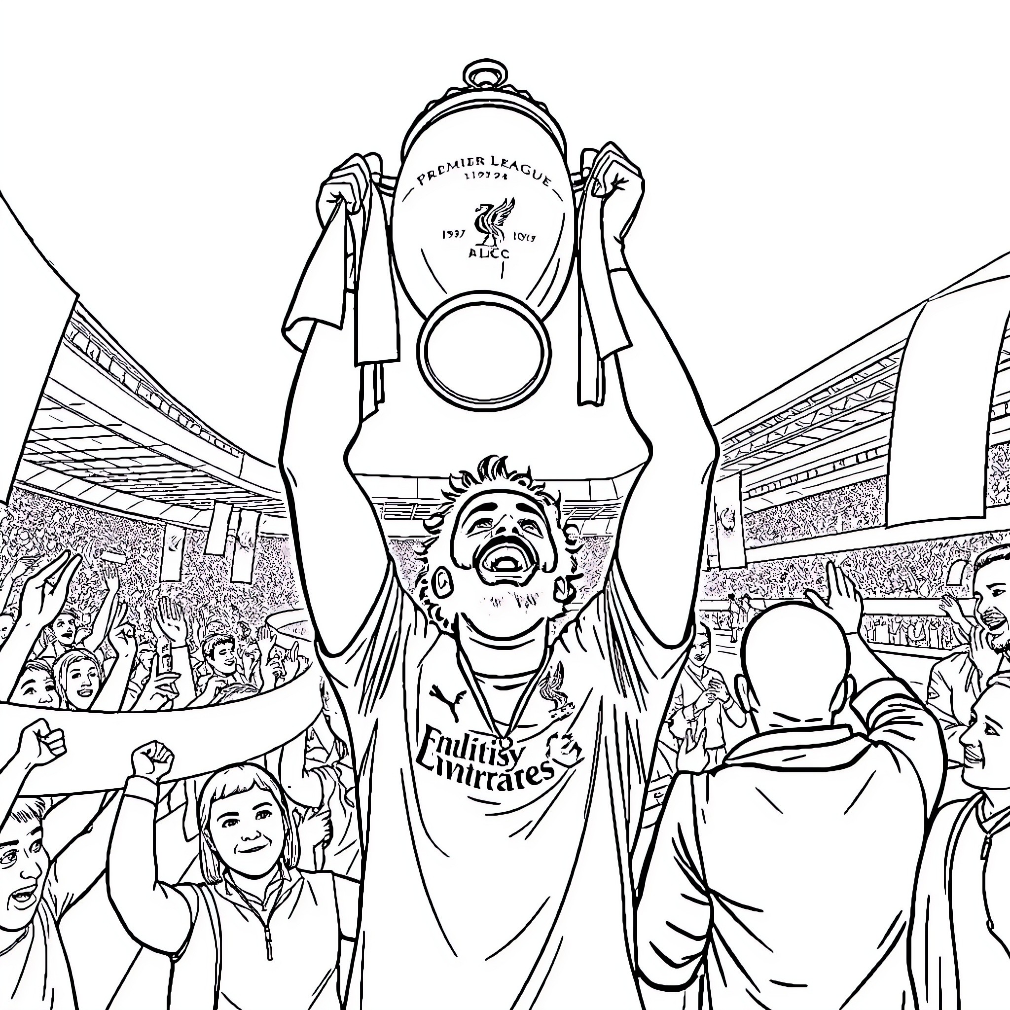 Mo Salah Triumphantly Hoisting Champions Trophy Coloring Page (free black-and-white line drawing printable PDF for all, from beginners to advanced learners, including children, teens, adults, and seniors)