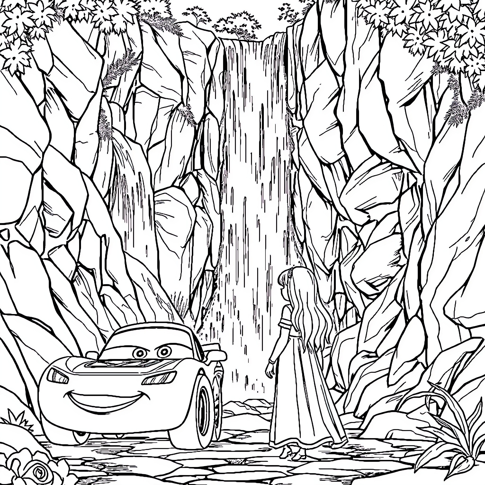 McQueen and Princess in the Waterfall Landscape Coloring Page (free black-and-white line drawing printable PDF for all, from beginners to advanced learners, including children, teens, adults, and seniors)