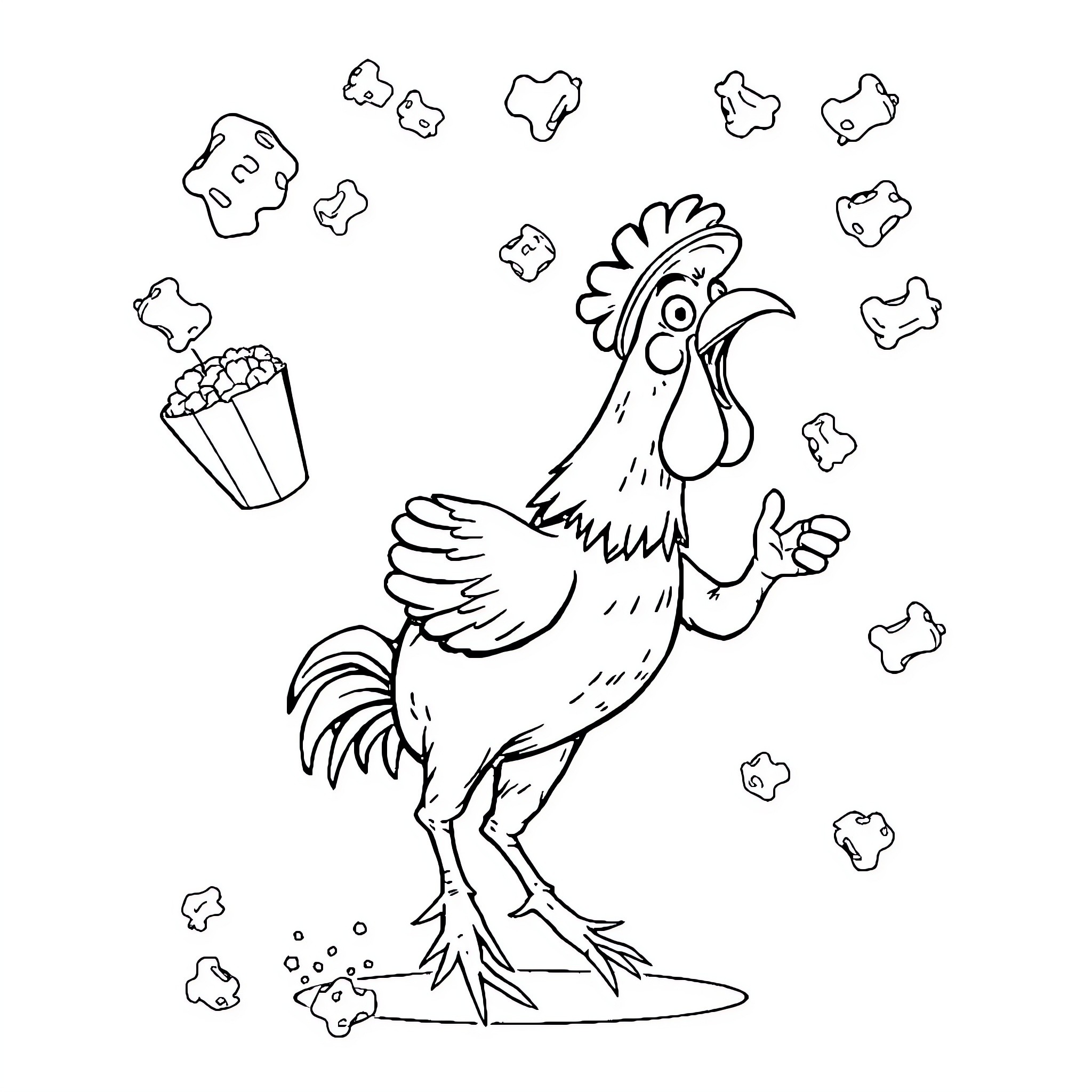 Chicken Jockey Popping Corn with Enthusiasm Coloring Page (free black-and-white line drawing printable PDF for all, from beginners to advanced learners, including children, teens, adults, and seniors)