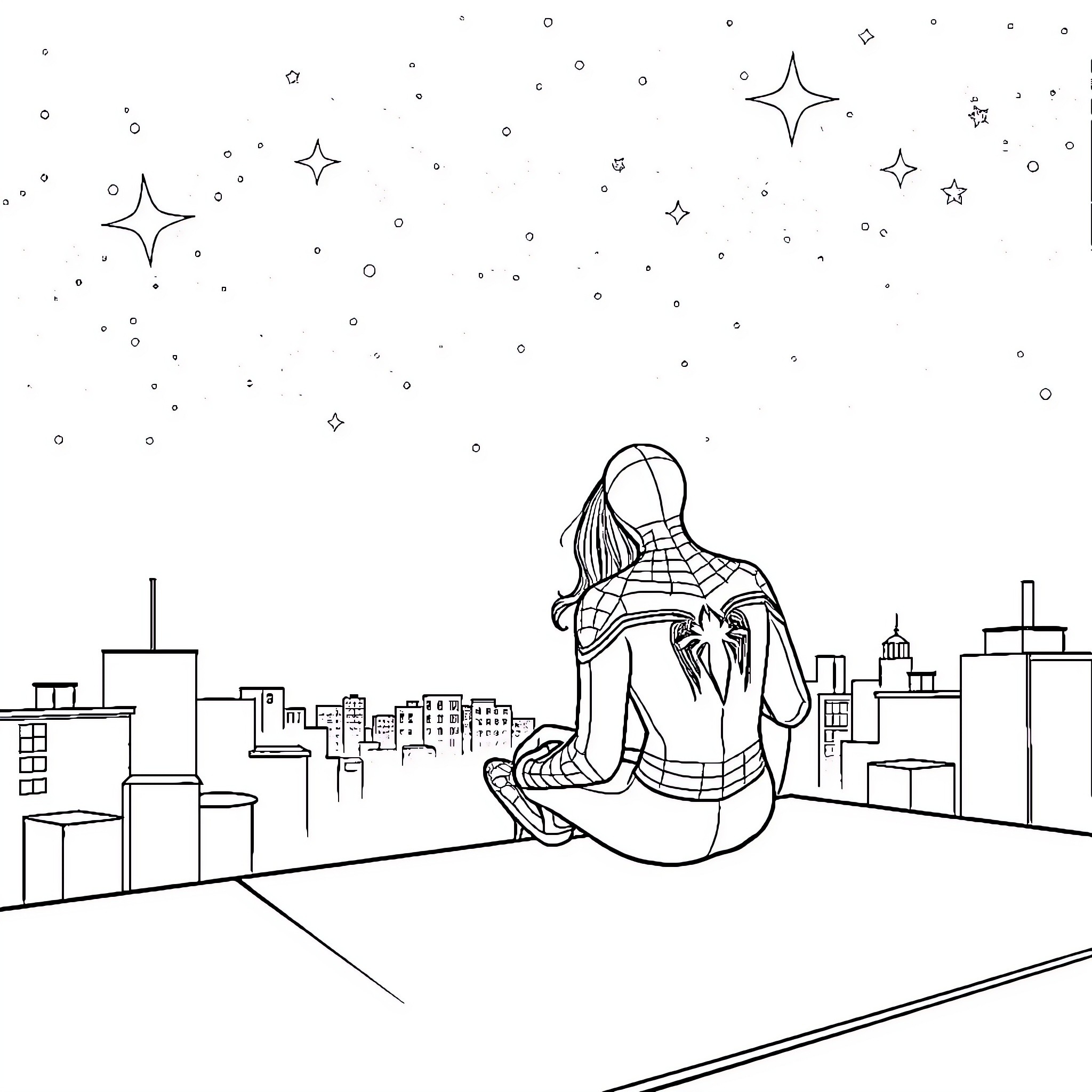 Spiderman overlooking the city at night Coloring Page (free black-and-white line drawing printable PDF for all, from beginners to advanced learners, including children, teens, adults, and seniors)