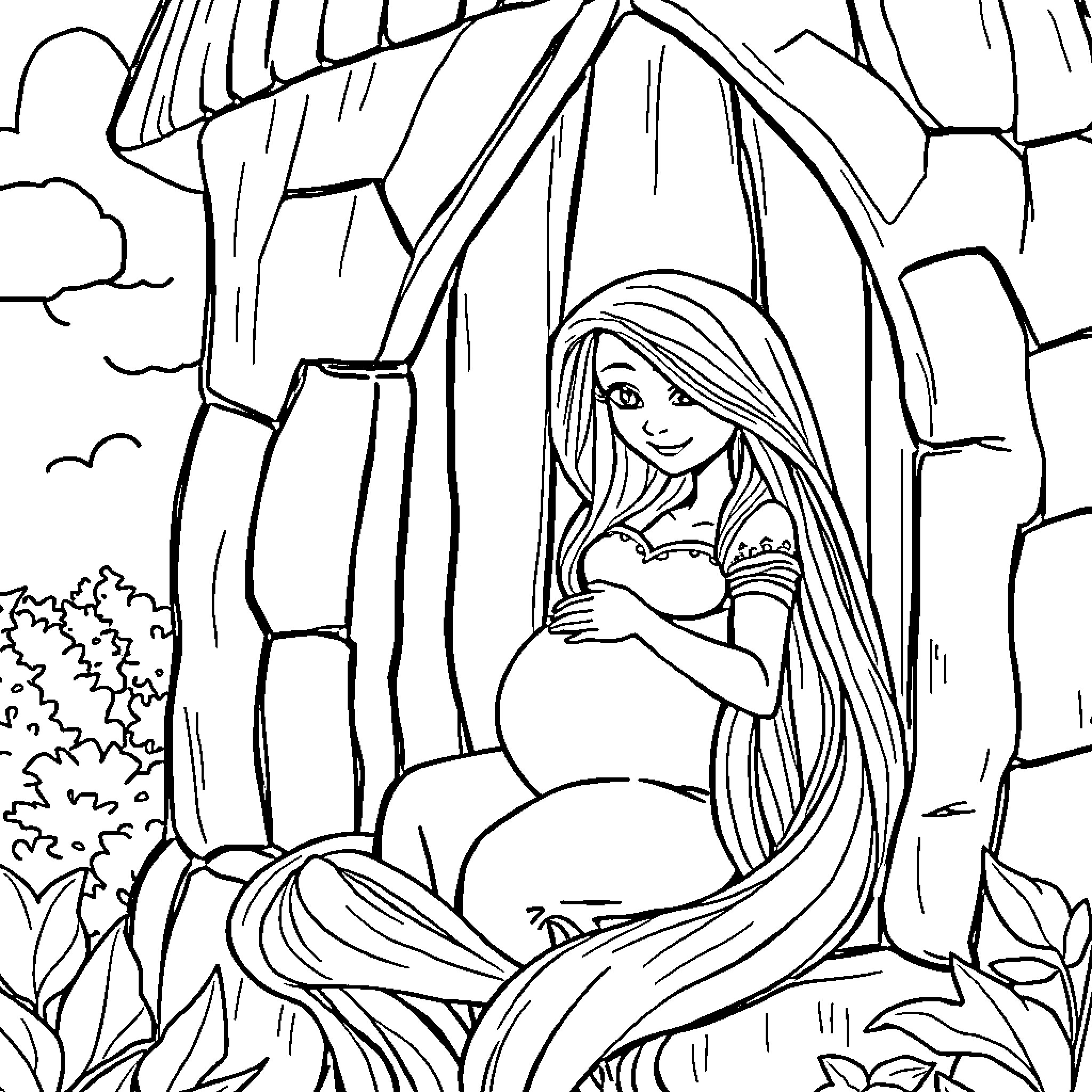 Rapunzel sitting in the tower surrounded by nature Coloring Page (free black-and-white line drawing printable PDF for all, from beginners to advanced learners, including children, teens, adults, and seniors)