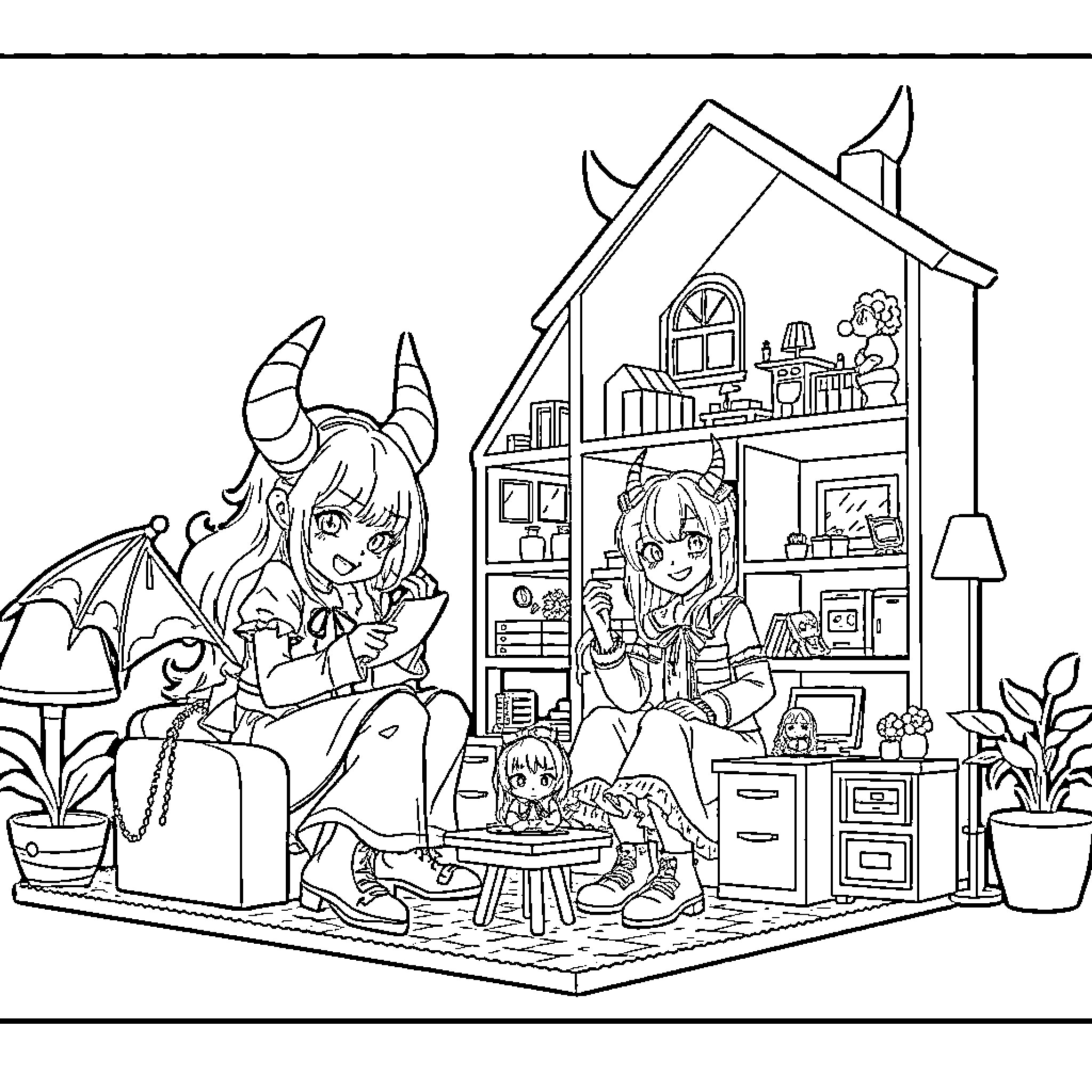 Demon Hunter's Cozy Home Adventure Coloring Page (free black-and-white line drawing printable PDF for all, from beginners to advanced learners, including children, teens, adults, and seniors)