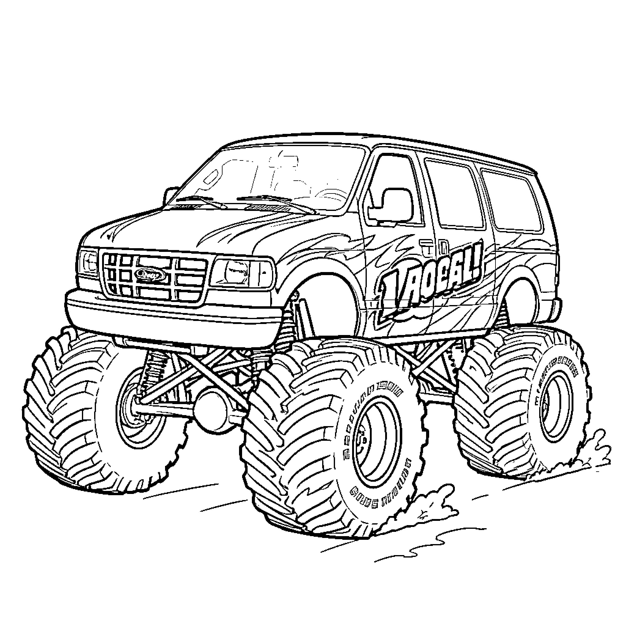 Monster Truck Crushing Obstacles with Fierce Wheels Coloring Page (free black-and-white line drawing printable PDF for all, from beginners to advanced learners, including children, teens, adults, and seniors)