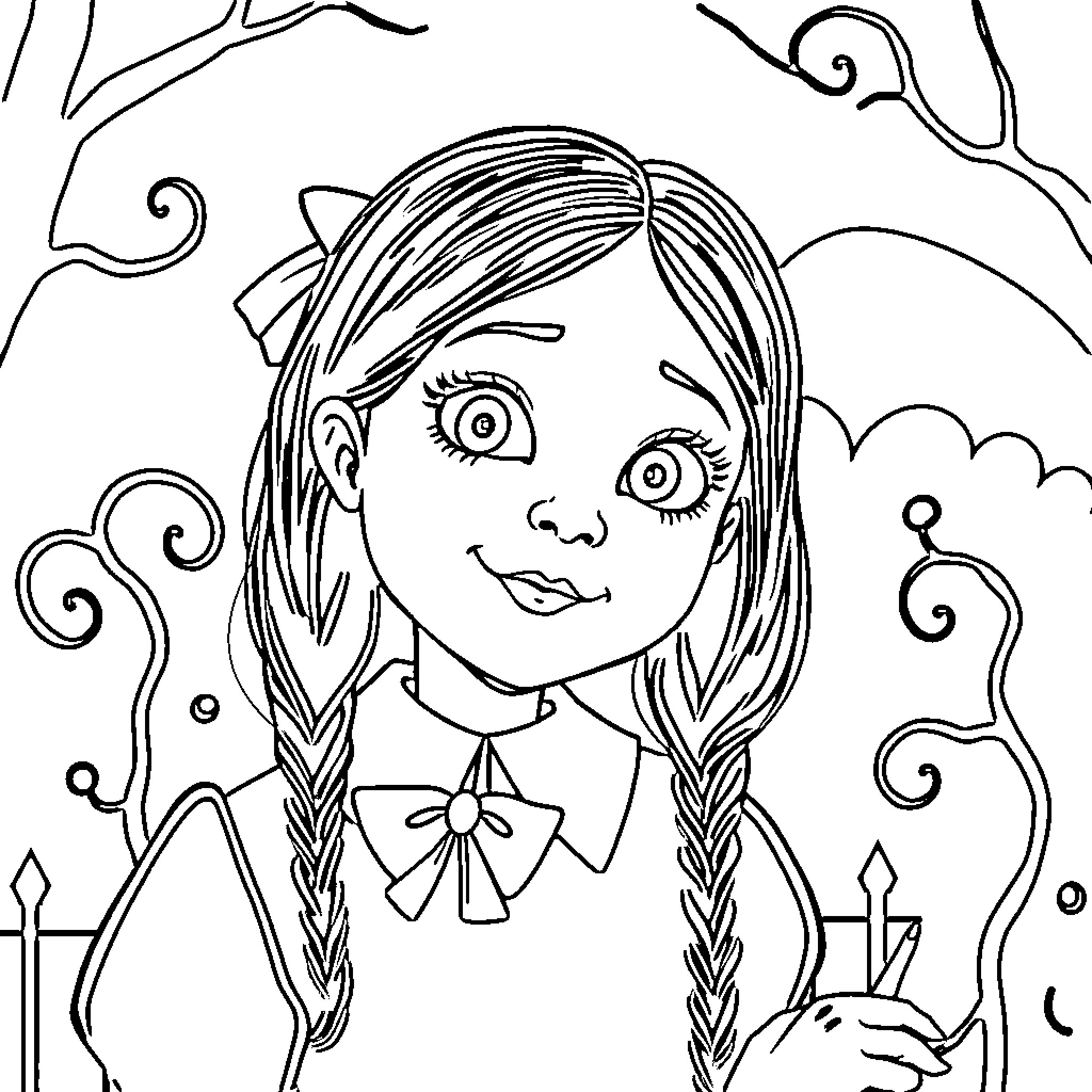 Wednesday girl with braided hair and ribbons Coloring Page (free black-and-white line drawing printable PDF for all, from beginners to advanced learners, including children, teens, adults, and seniors)