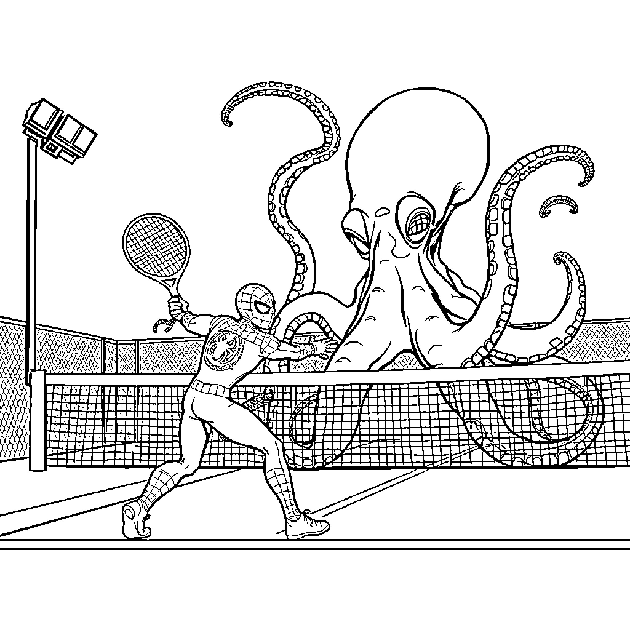 Spiderman playing tennis against a giant octopus Coloring Page (free black-and-white line drawing printable PDF for all, from beginners to advanced learners, including children, teens, adults, and seniors)
