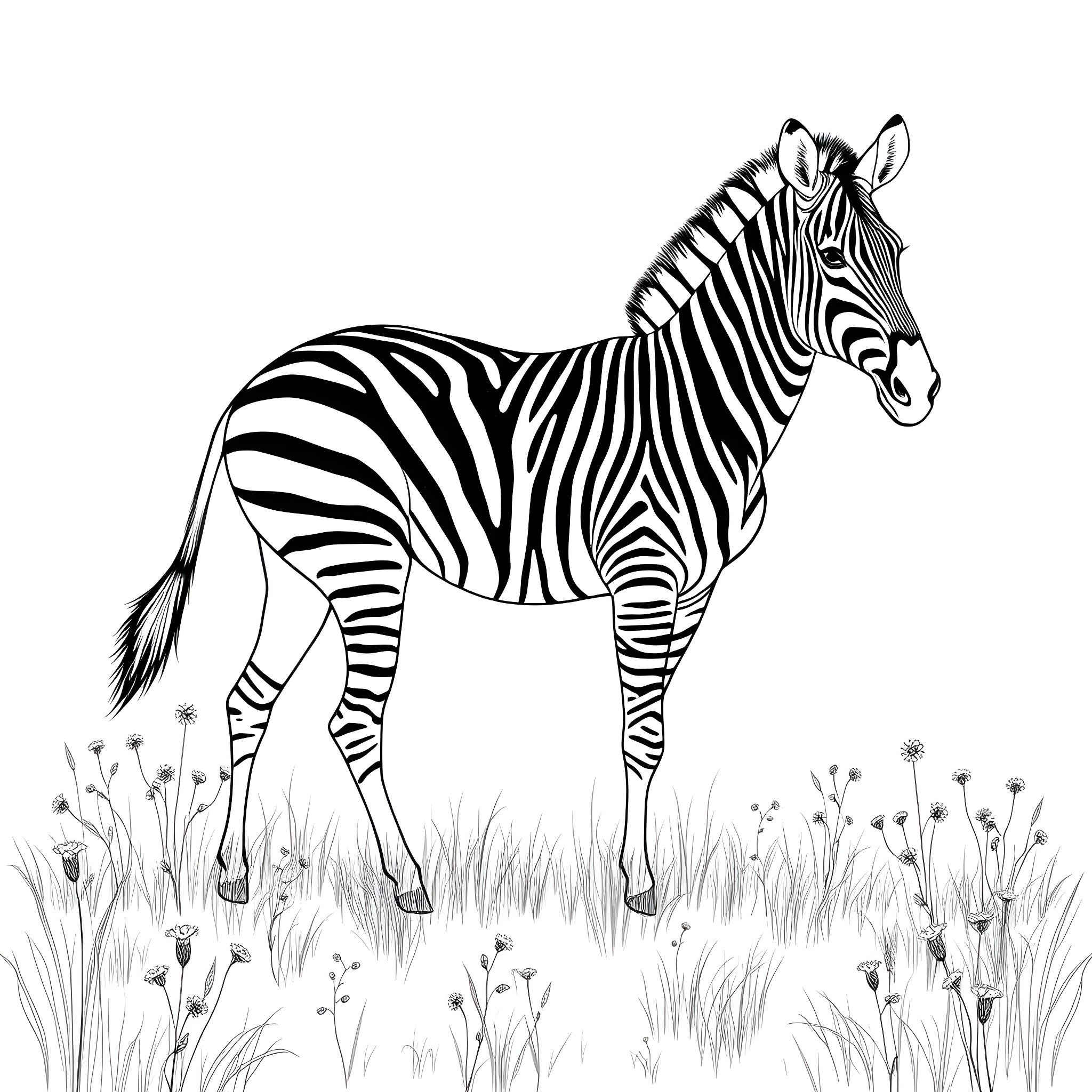 Zebra standing in a grassy field Coloring Page (free black-and-white line drawing printable PDF for all, from beginners to advanced learners, including children, teens, adults, and seniors)