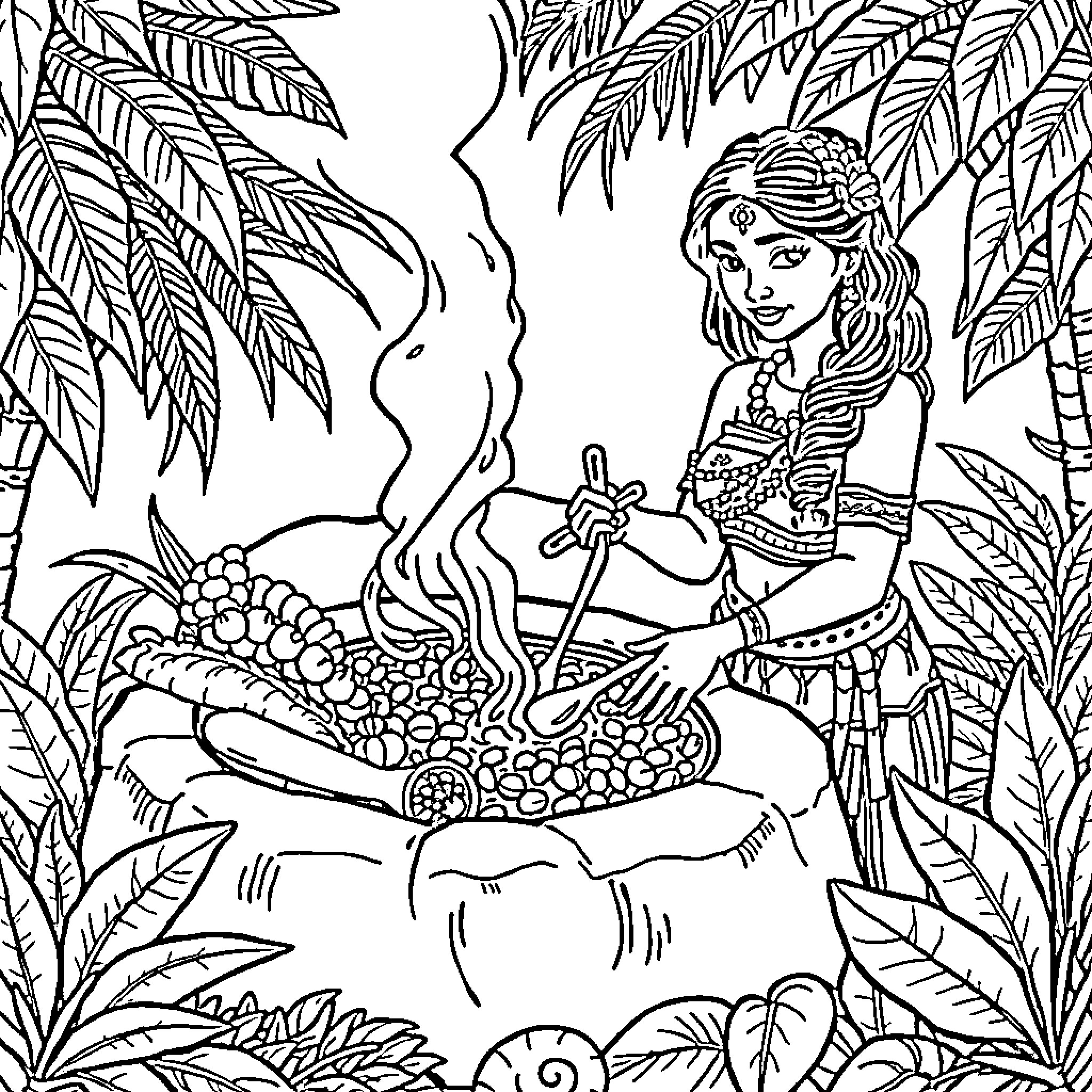 Moana cooking tropical fruits in the jungle Coloring Page (free black-and-white line drawing printable PDF for all, from beginners to advanced learners, including children, teens, adults, and seniors)