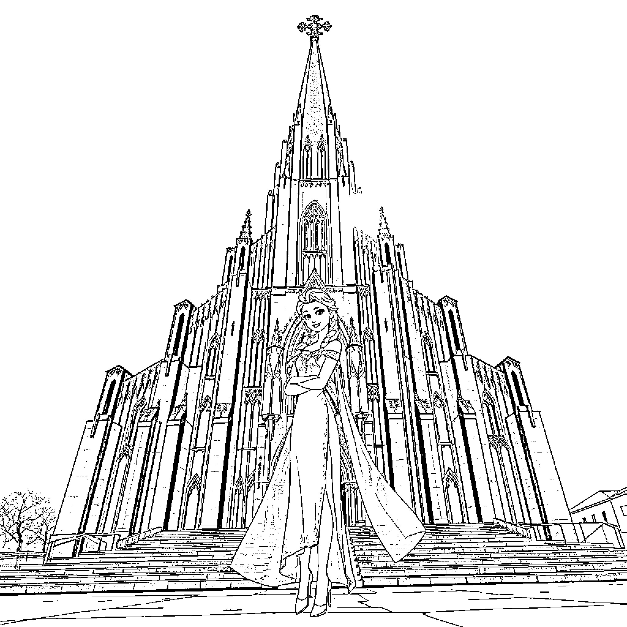 Elsa standing regally before an ornate castle Coloring Page (free black-and-white line drawing printable PDF for all, from beginners to advanced learners, including children, teens, adults, and seniors)