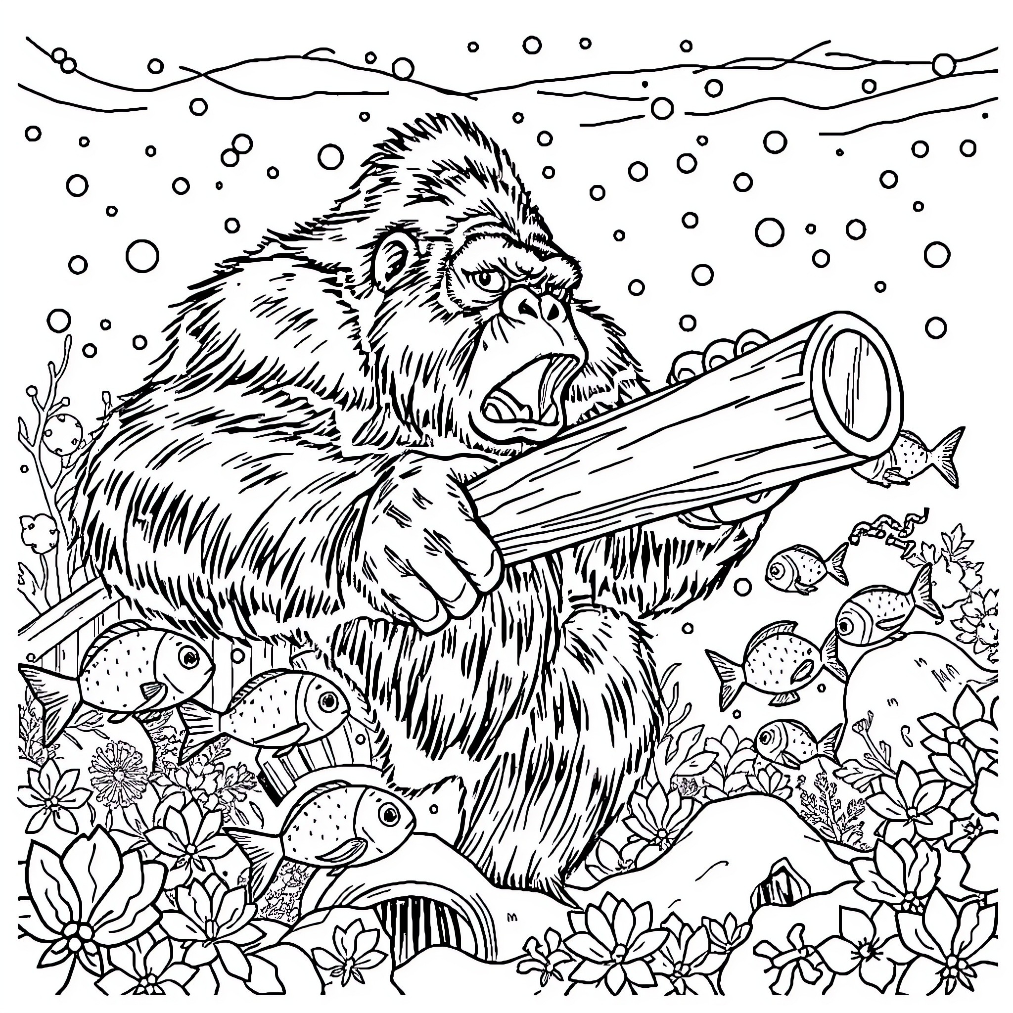 Gorilla exploring underwater nature scene Coloring Page (free black-and-white line drawing printable PDF for all, from beginners to advanced learners, including children, teens, adults, and seniors)
