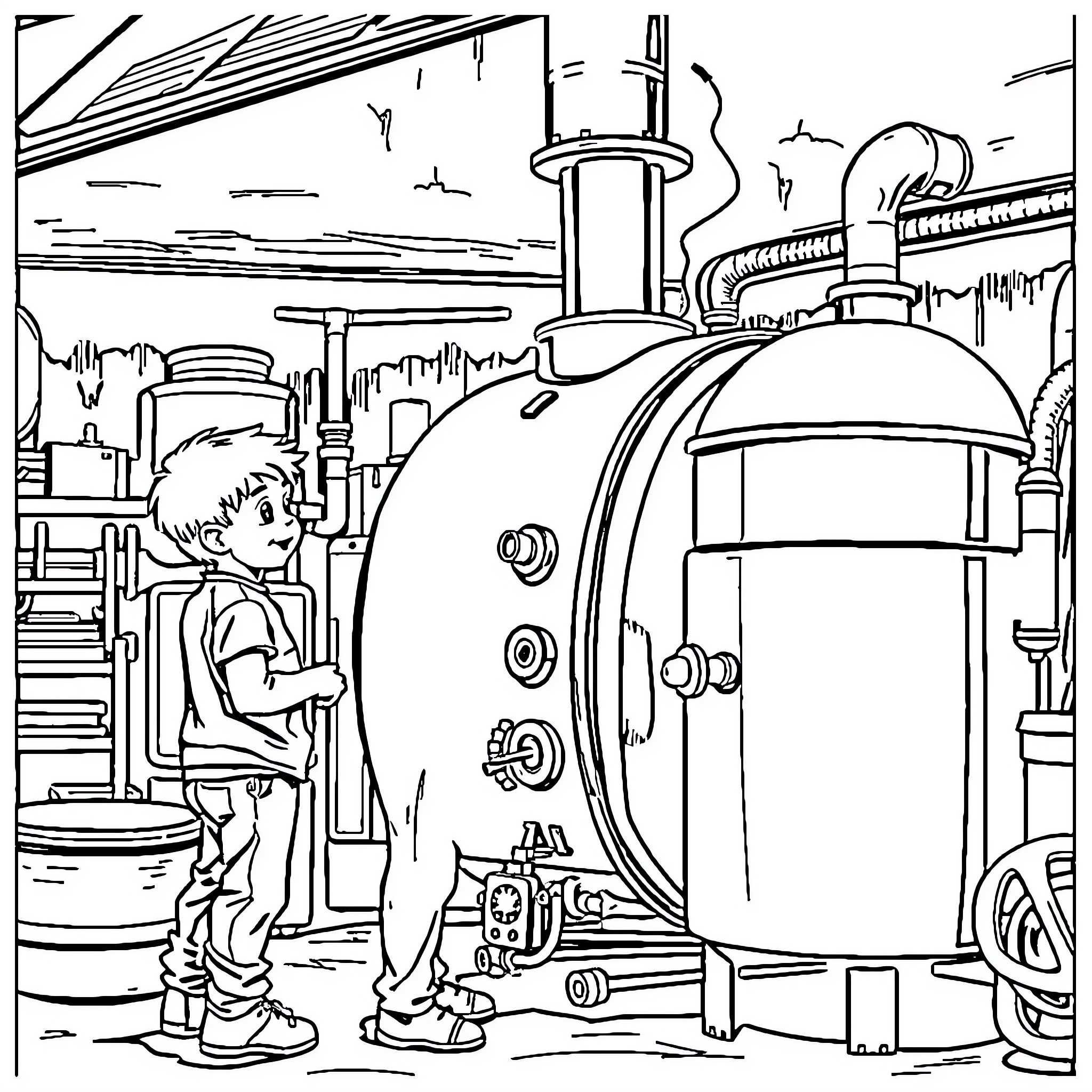 Boy exploring industrial machinery in a workshop Coloring Page (free black-and-white line drawing printable PDF for all, from beginners to advanced learners, including children, teens, adults, and seniors)