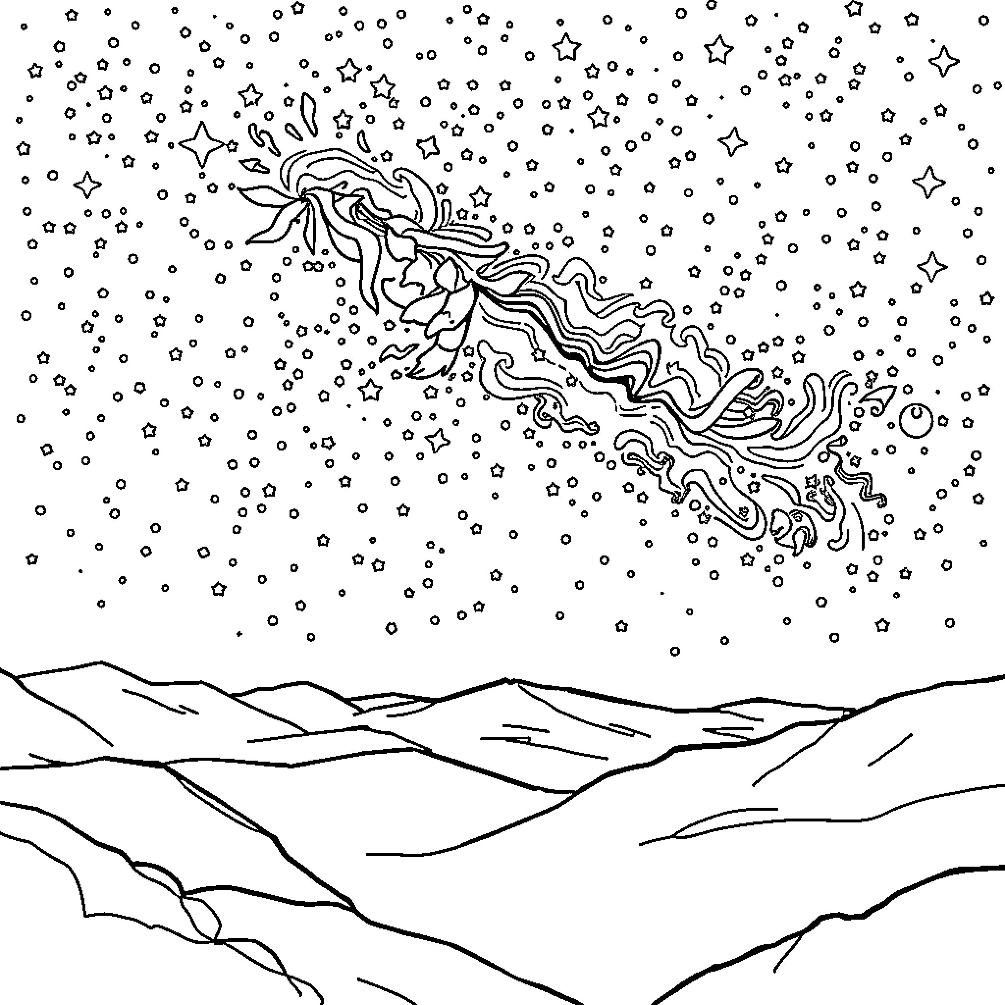 Universe of Celestial Wonders Coloring Page (free black-and-white line drawing printable PDF for all, from beginners to advanced learners, including children, teens, adults, and seniors)