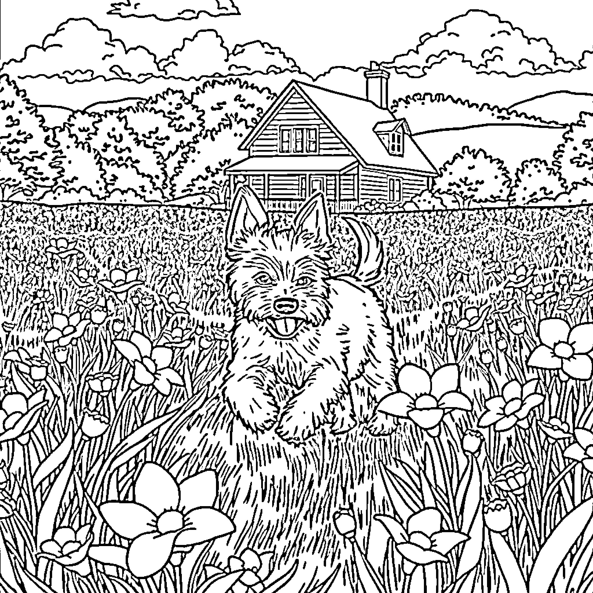 Fox Terrier Frolicking in a Lush Meadow Coloring Page (free black-and-white line drawing printable PDF for all, from beginners to advanced learners, including children, teens, adults, and seniors)
