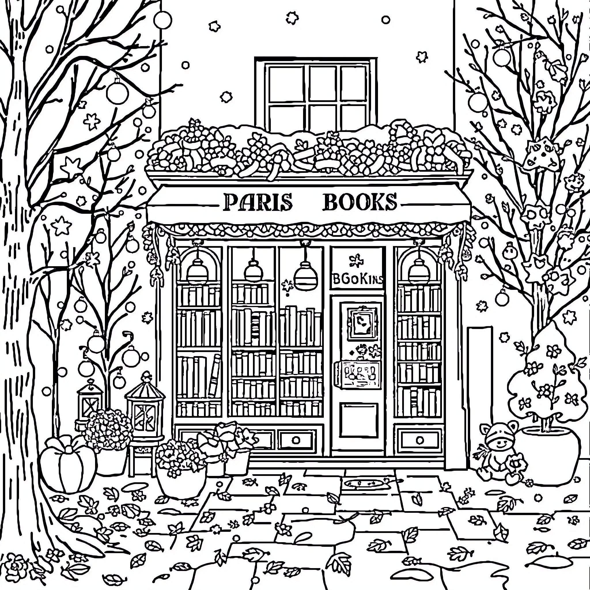 Bookshop with Whimsical Outdoor Display Coloring Page (free black-and-white line drawing printable PDF for all, from beginners to advanced learners, including children, teens, adults, and seniors)