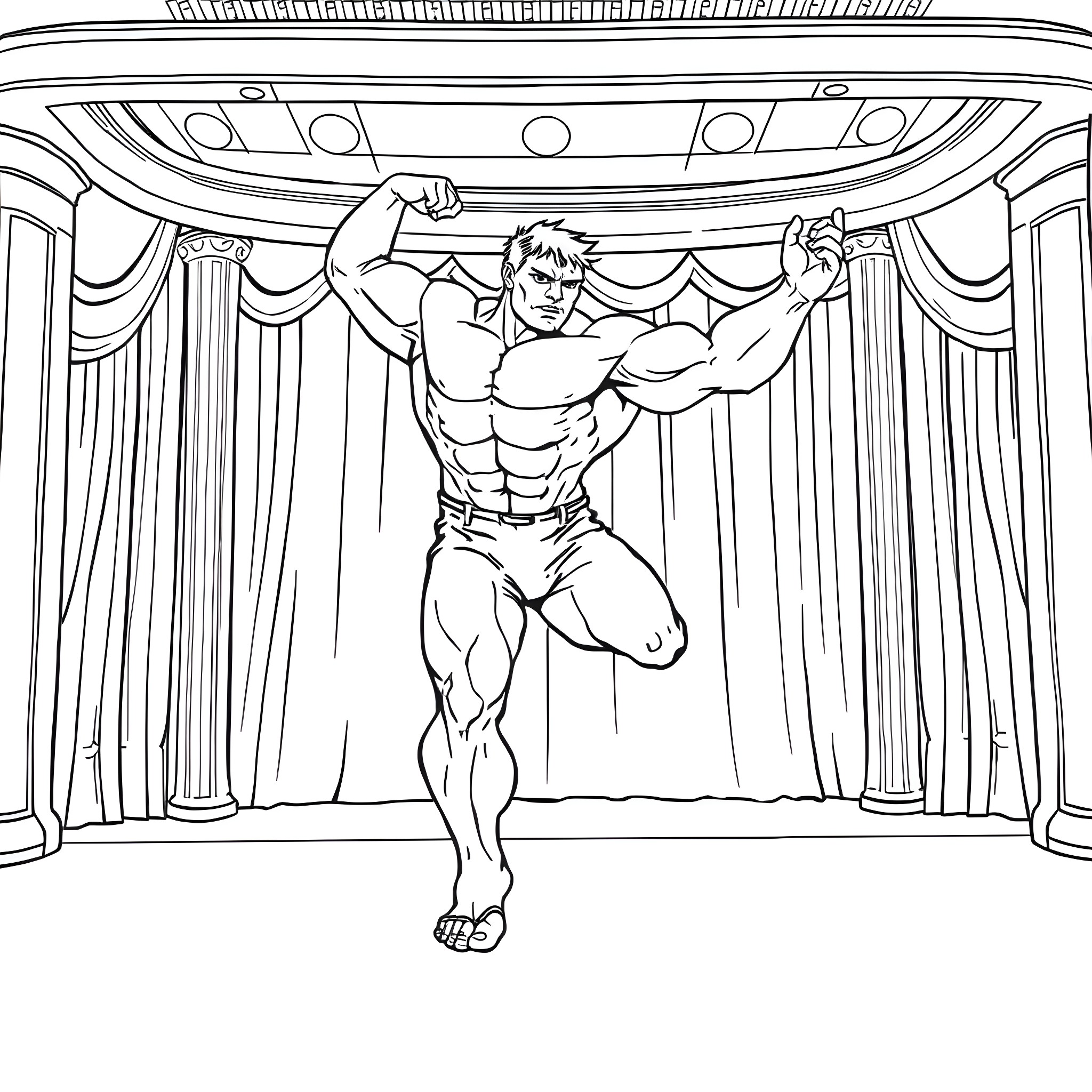 Hulk flexing muscles on stage with curtains Coloring Page (free black-and-white line drawing printable PDF for all, from beginners to advanced learners, including children, teens, adults, and seniors)