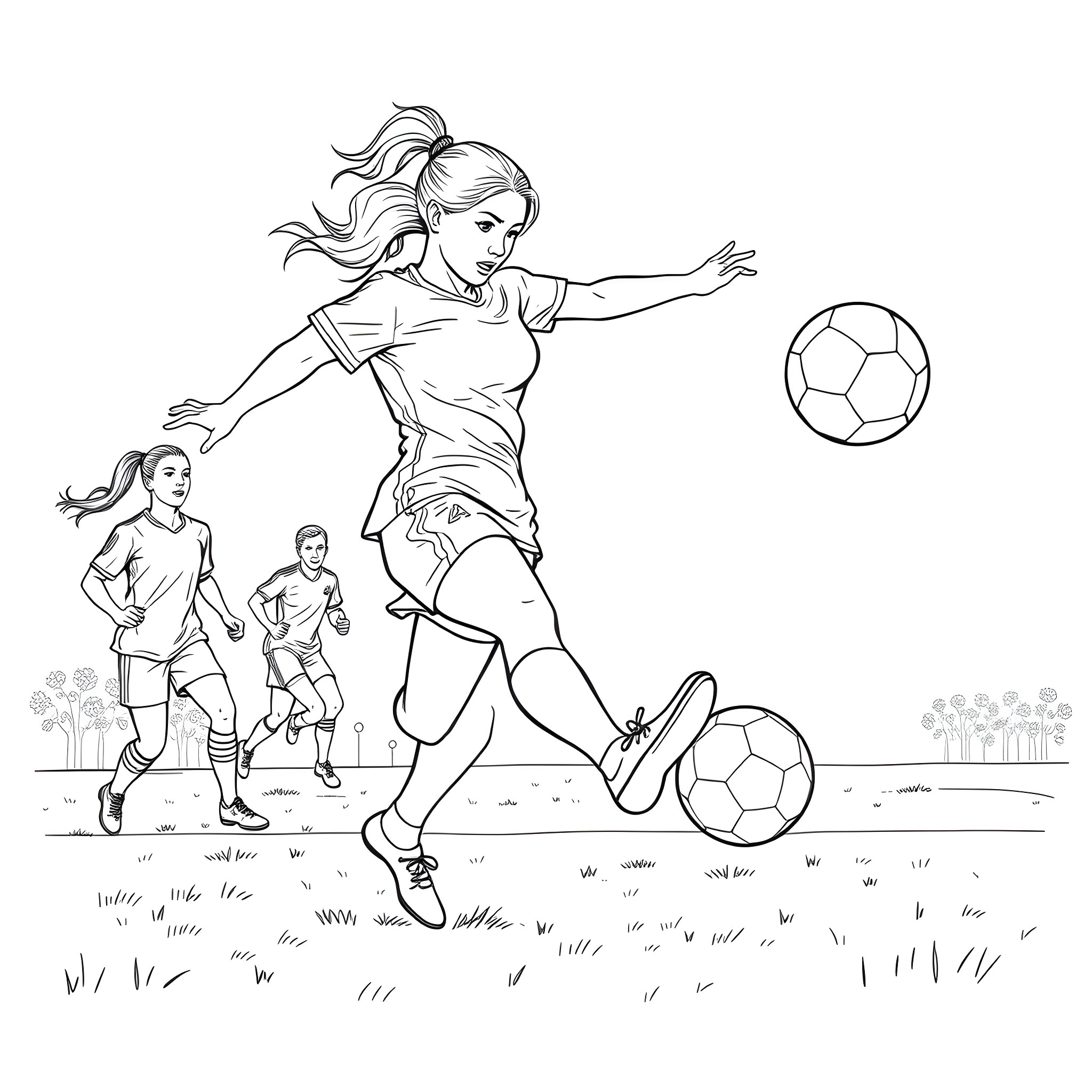 Soccer Player Dribbling the Ball on the Field Coloring Page (free black-and-white line drawing printable PDF for all, from beginners to advanced learners, including children, teens, adults, and seniors)