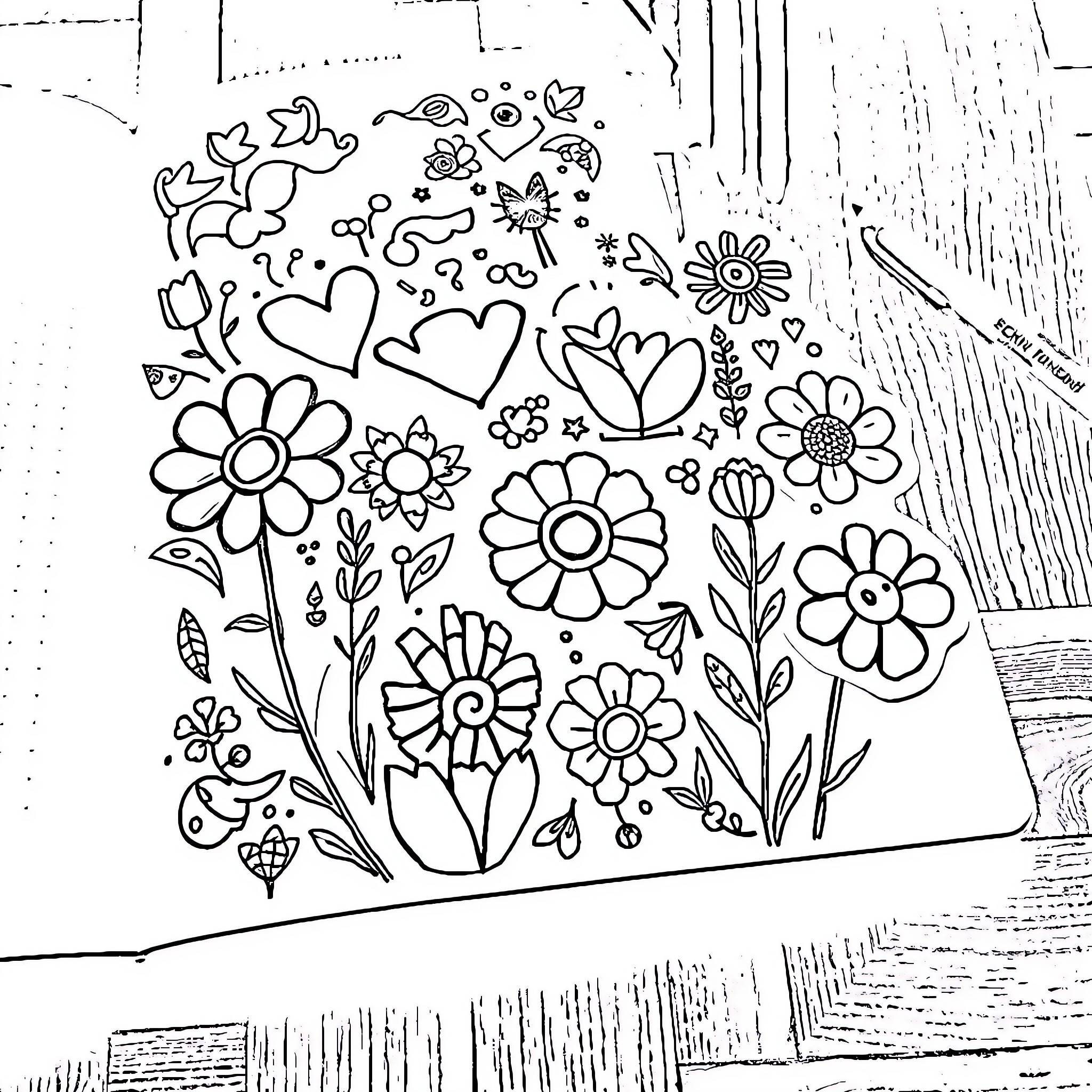 Sticker Floral Doodle Art on Wooden Background Coloring Page (free black-and-white line drawing printable PDF for all, from beginners to advanced learners, including children, teens, adults, and seniors)