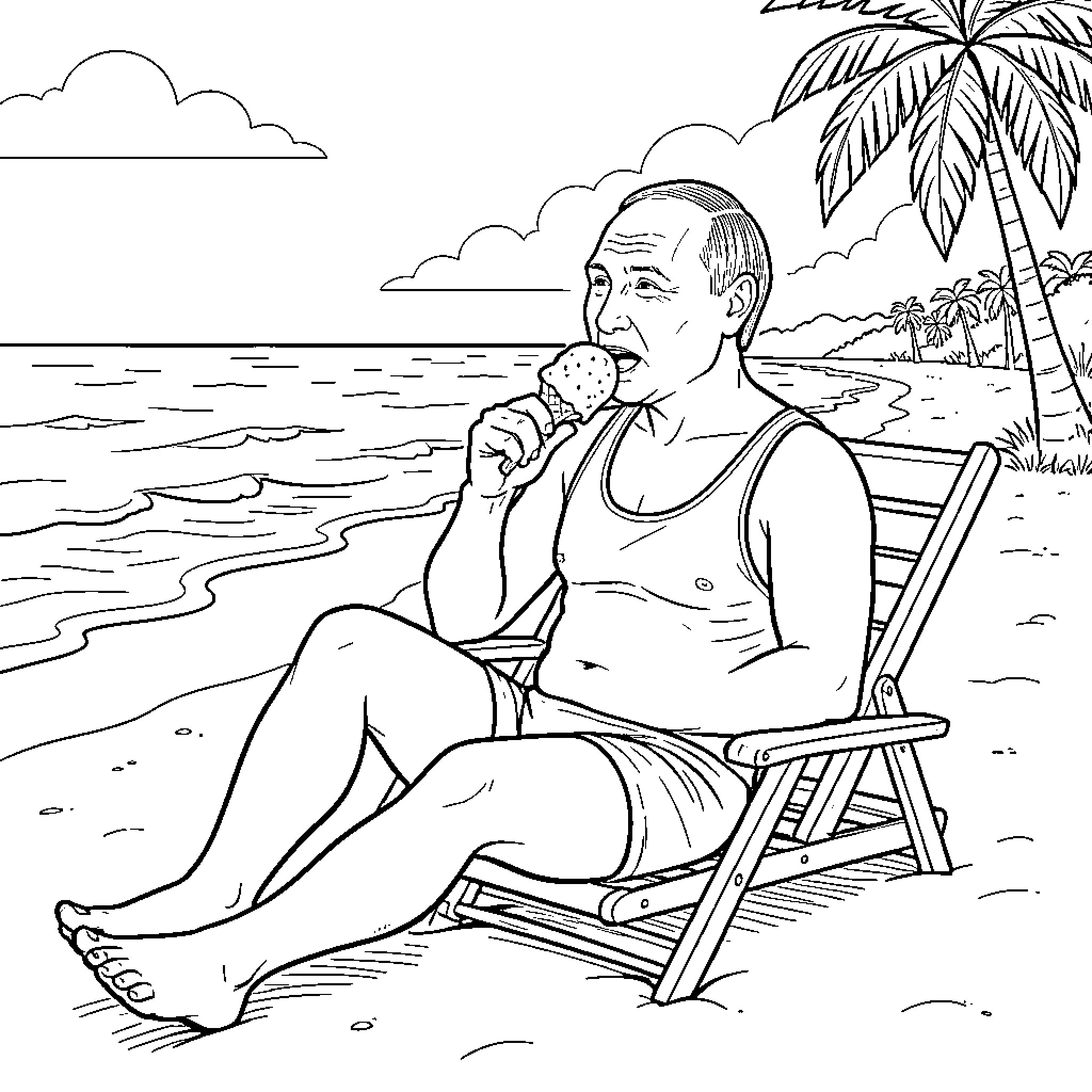 Vladimir Poutine relaxing on a beach chair Coloring Page (free black-and-white line drawing printable PDF for all, from beginners to advanced learners, including children, teens, adults, and seniors)