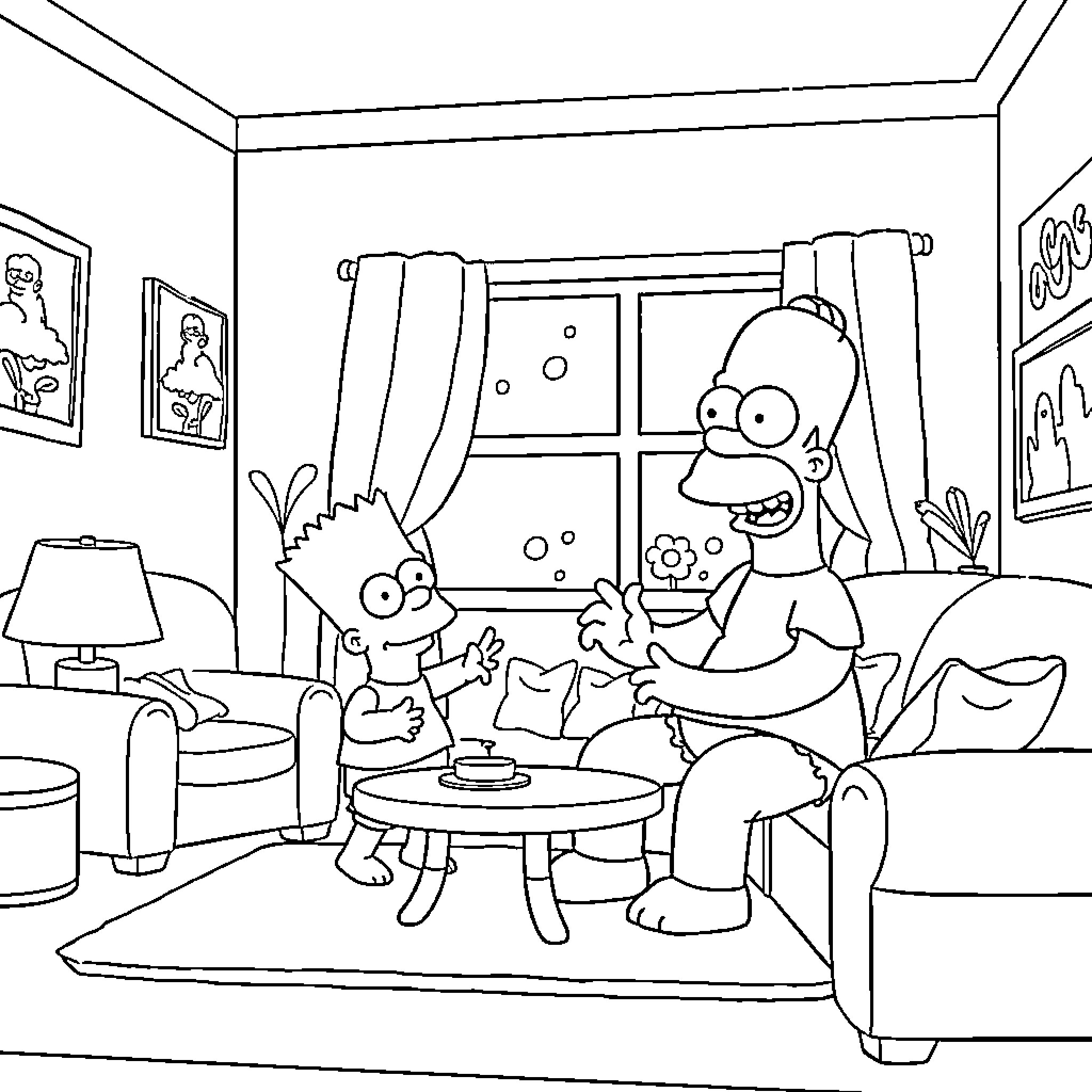 Homer Simpson and family enjoying a cozy evening together Coloring Page (free black-and-white line drawing printable PDF for all, from beginners to advanced learners, including children, teens, adults, and seniors)