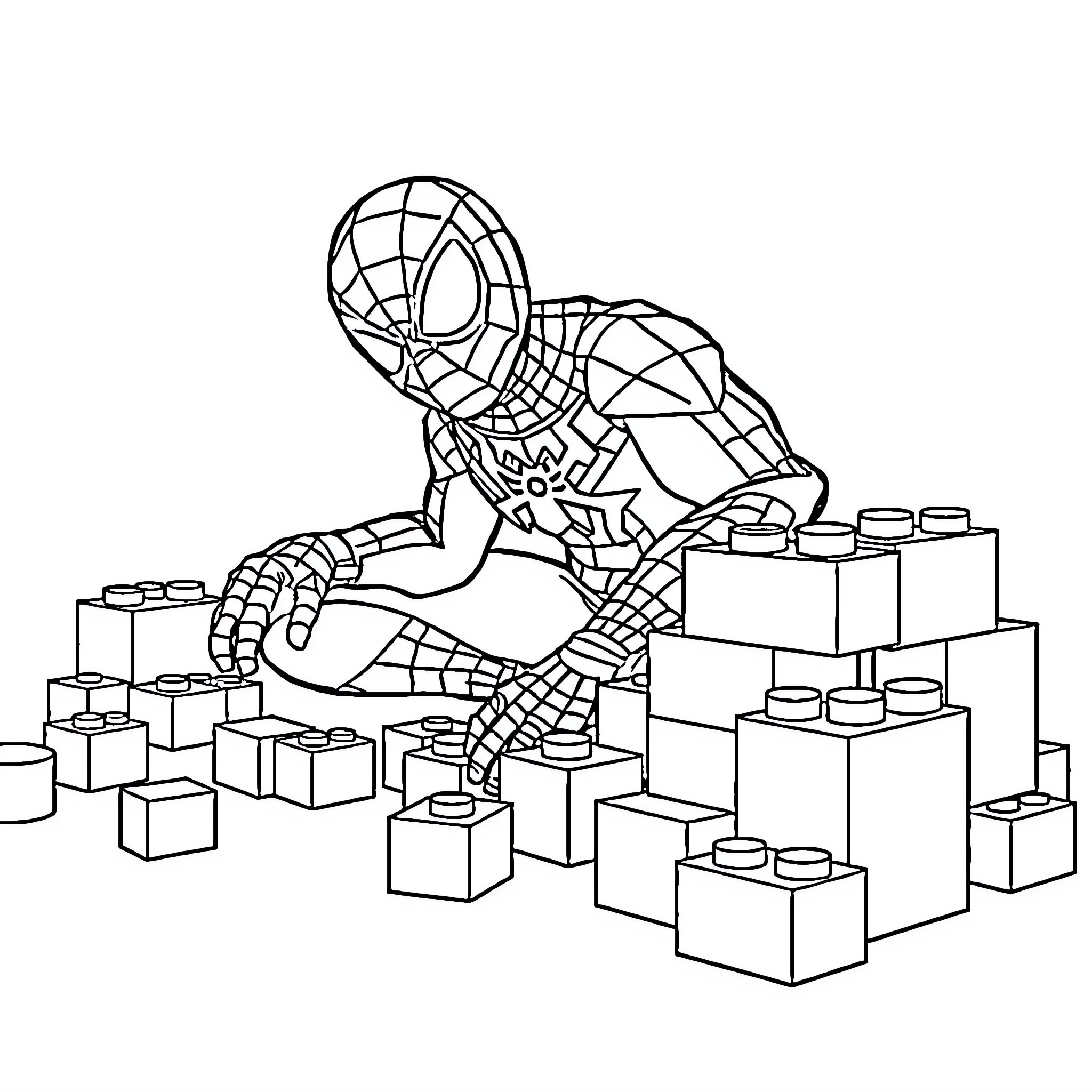 Spider-Man playing with toy blocks Coloring Page (free black-and-white line drawing printable PDF for all, from beginners to advanced learners, including children, teens, adults, and seniors)