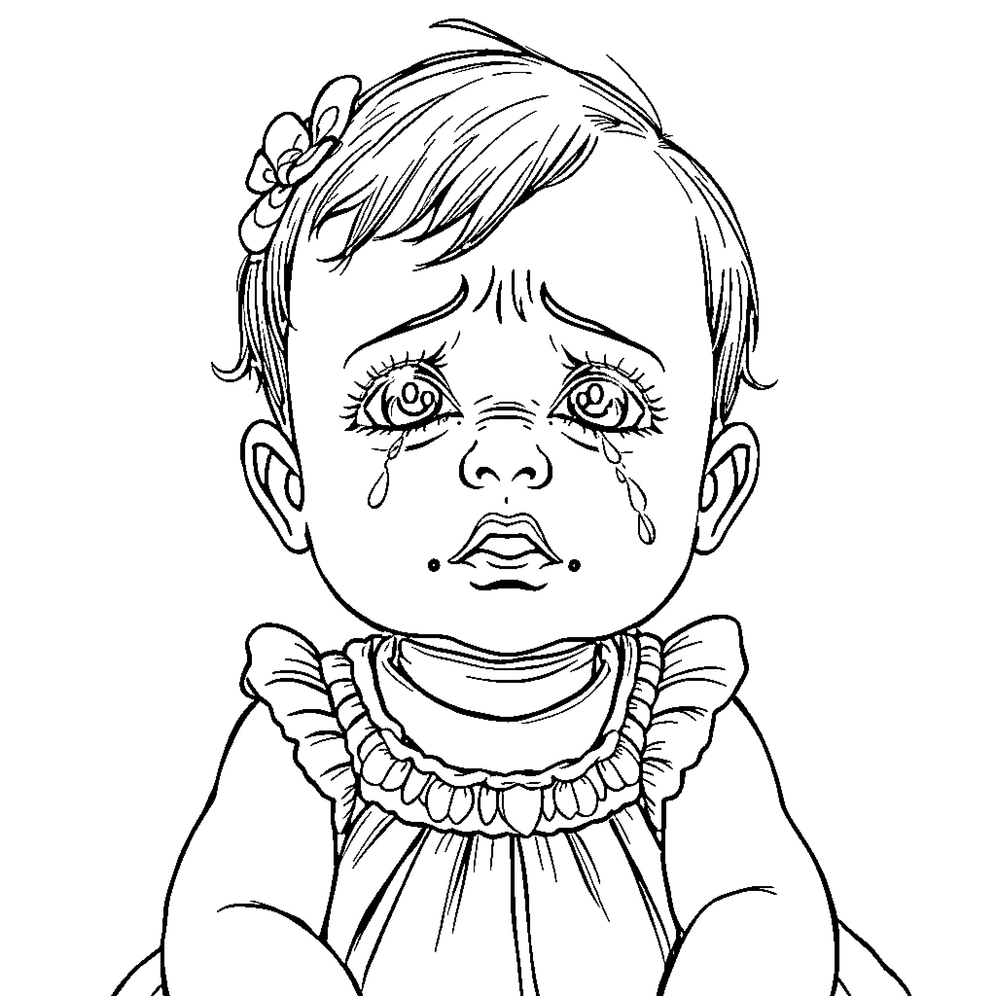 Baby girl with sad expression and tears in eyes Coloring Page (free black-and-white line drawing printable PDF for all, from beginners to advanced learners, including children, teens, adults, and seniors)