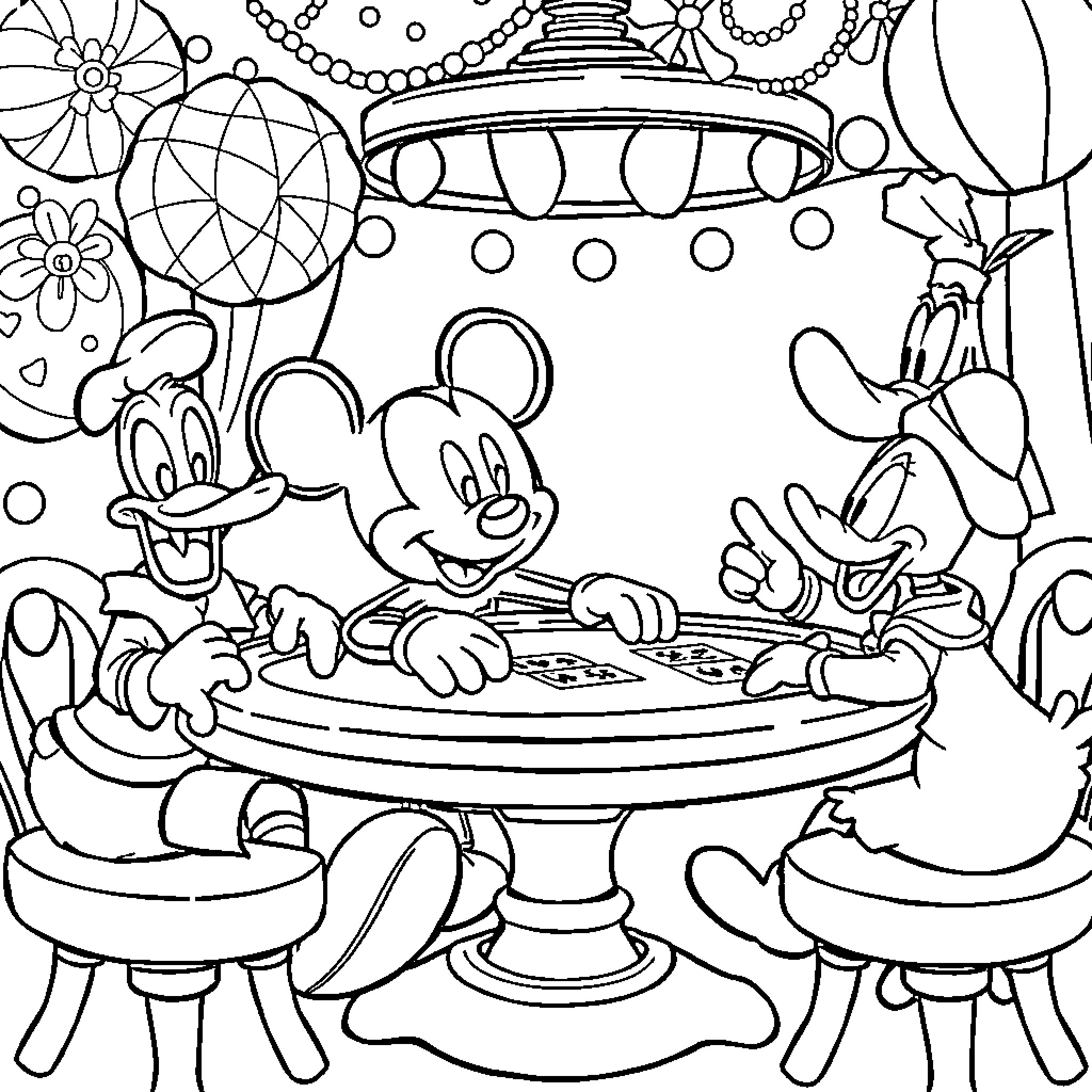 Mickey Mouse and friends having a festive tea party Coloring Page (free black-and-white line drawing printable PDF for all, from beginners to advanced learners, including children, teens, adults, and seniors)