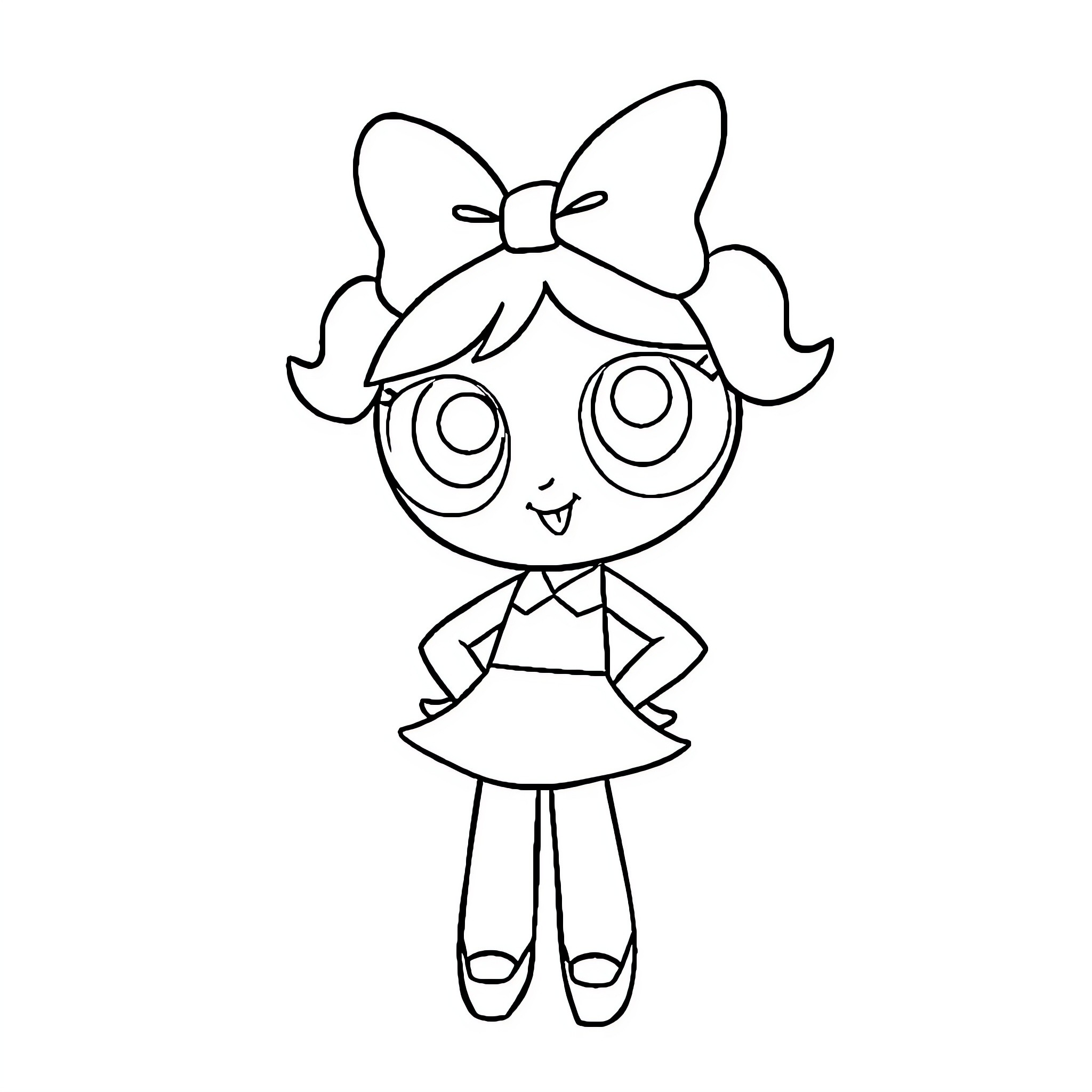 Blossom Girl with Bow and Large Eyes Coloring Page (free black-and-white line drawing printable PDF for all, from beginners to advanced learners, including children, teens, adults, and seniors)