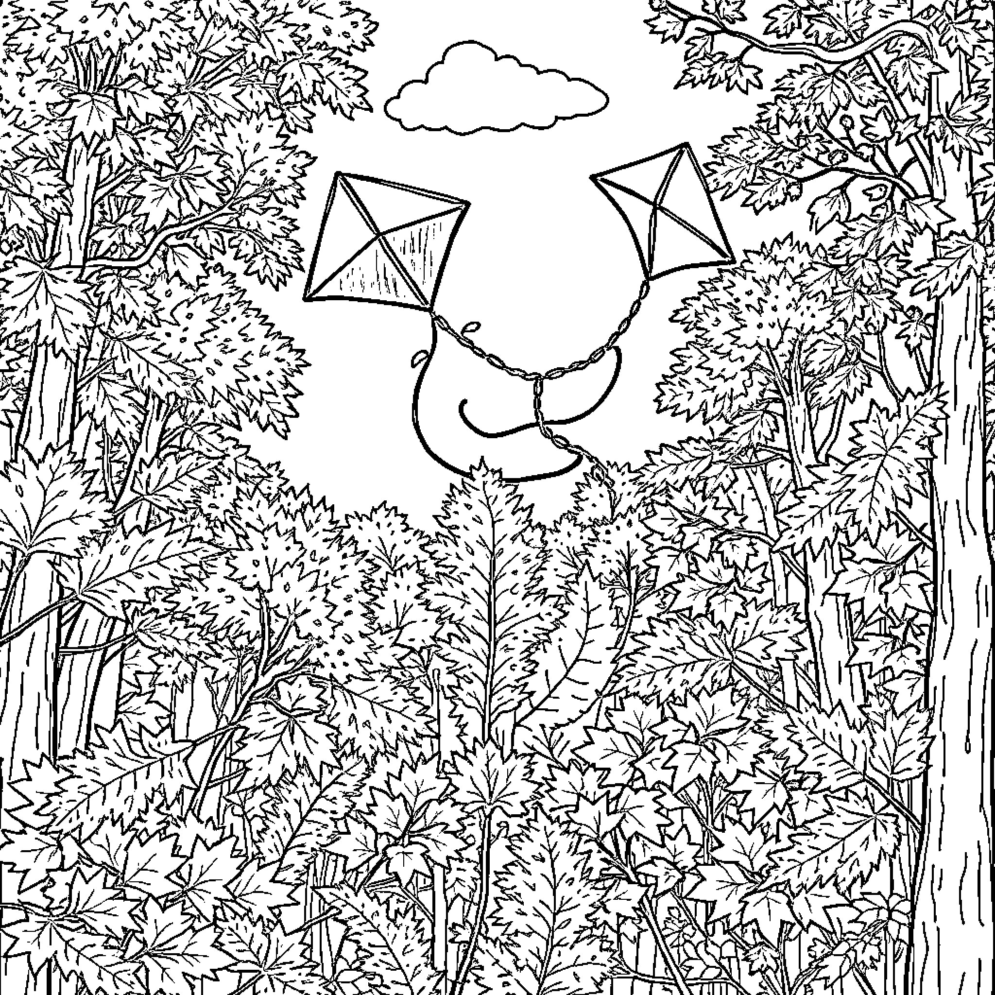 Kite flying amidst the lush greenery Coloring Page (free black-and-white line drawing printable PDF for all, from beginners to advanced learners, including children, teens, adults, and seniors)