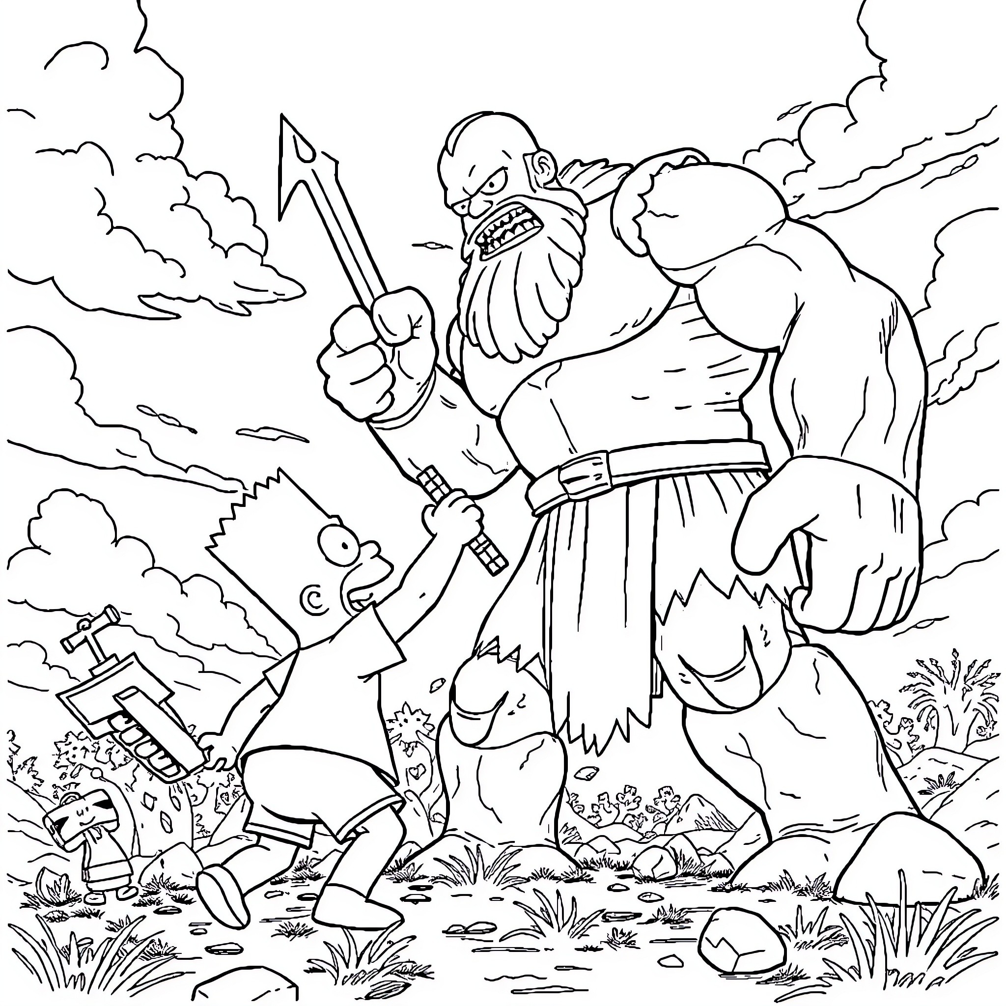 Simpson Warrior Fights Enemies in Clouded Landscape Coloring Page (free black-and-white line drawing printable PDF for all, from beginners to advanced learners, including children, teens, adults, and seniors)