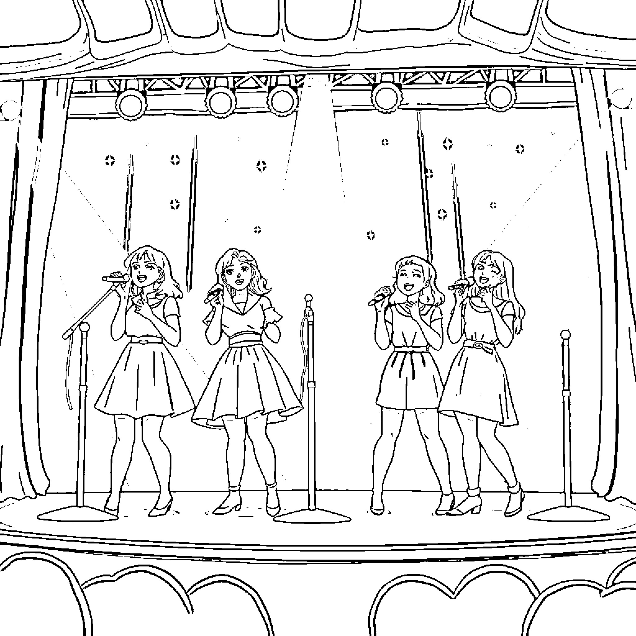 Singer performers in retro stage costumes Coloring Page (free black-and-white line drawing printable PDF for all, from beginners to advanced learners, including children, teens, adults, and seniors)