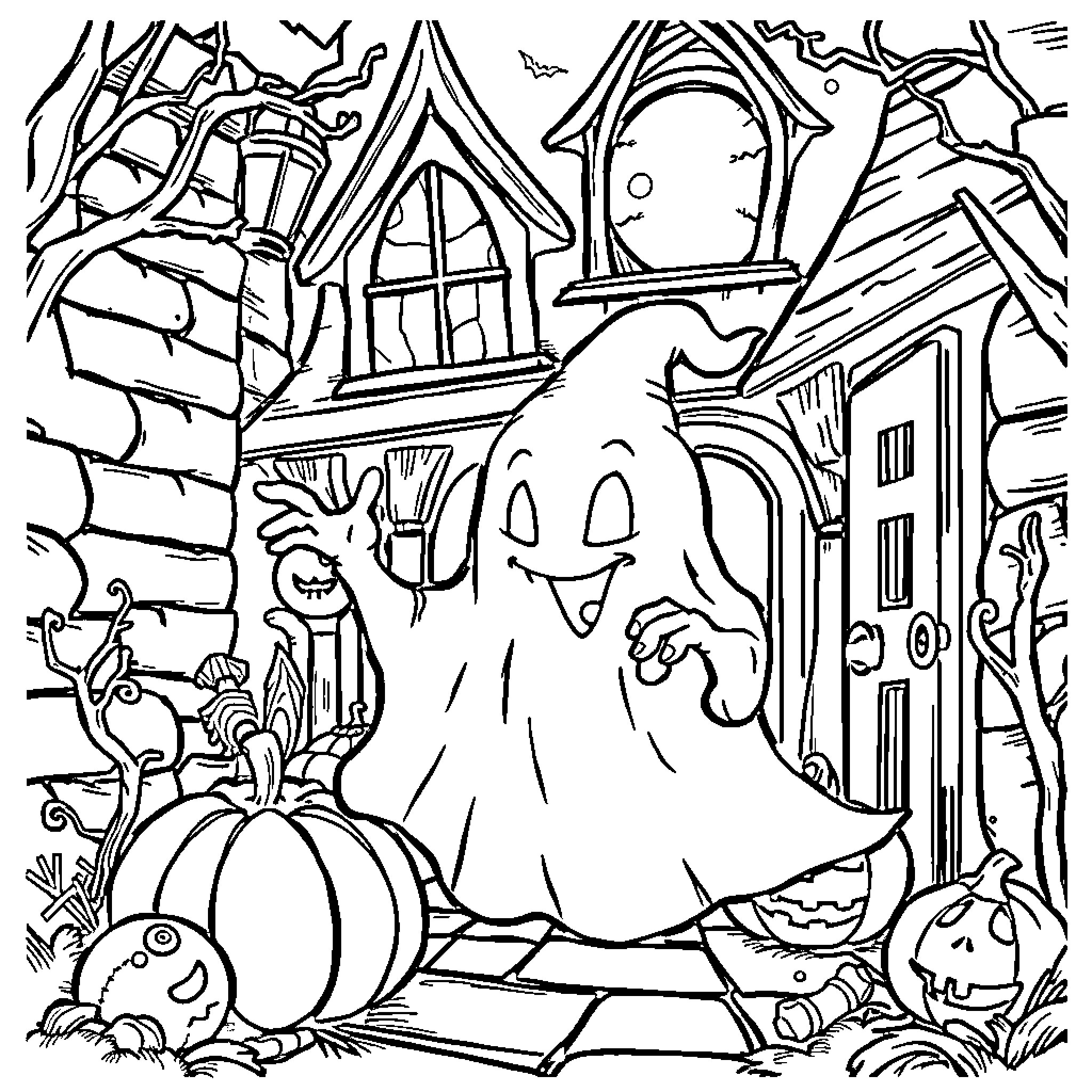 Ghost playing cheerfully in haunted house Coloring Page (free black-and-white line drawing printable PDF for all, from beginners to advanced learners, including children, teens, adults, and seniors)