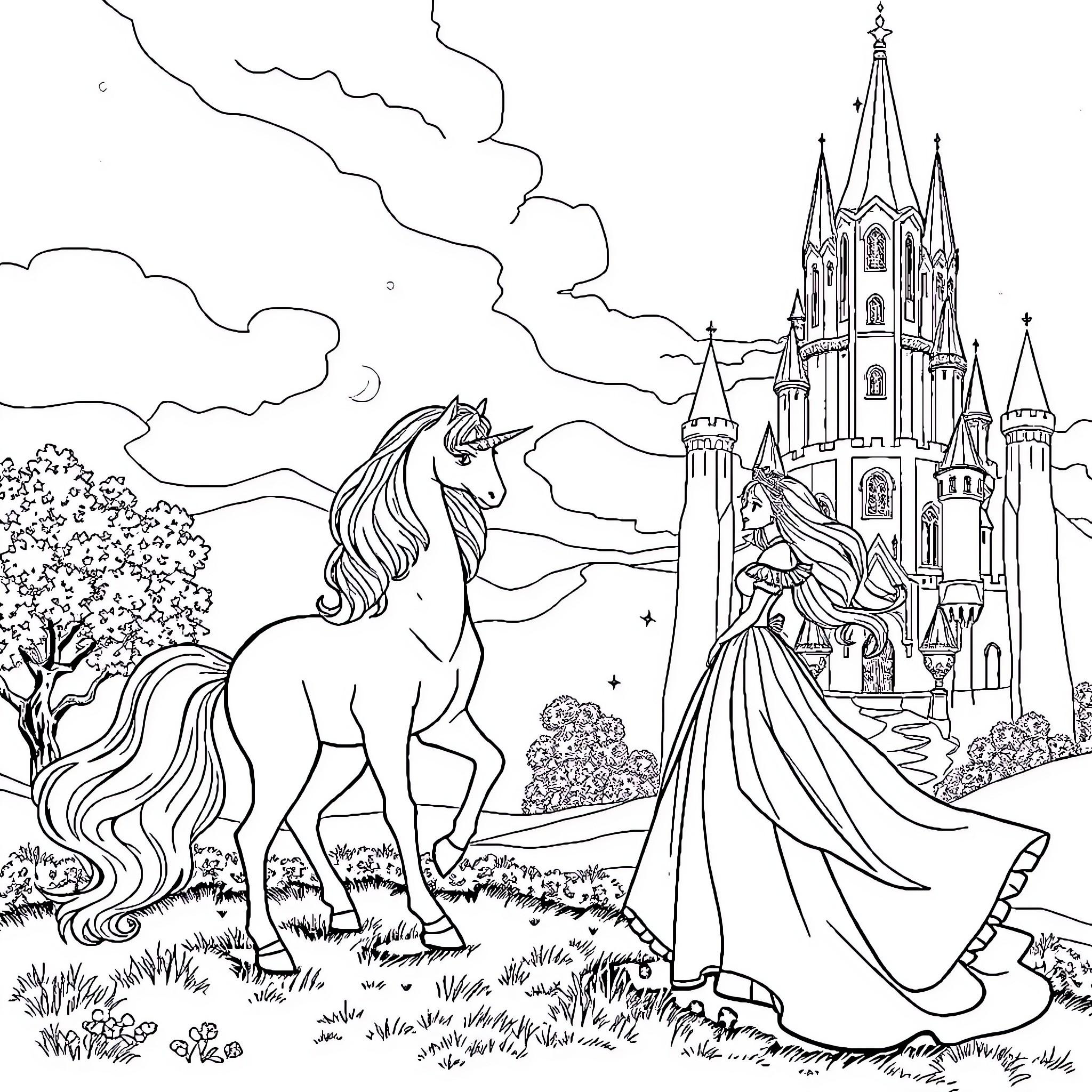 Princess and her Unicorn at the Enchanted Castle Coloring Page (free black-and-white line drawing printable PDF for all, from beginners to advanced learners, including children, teens, adults, and seniors)