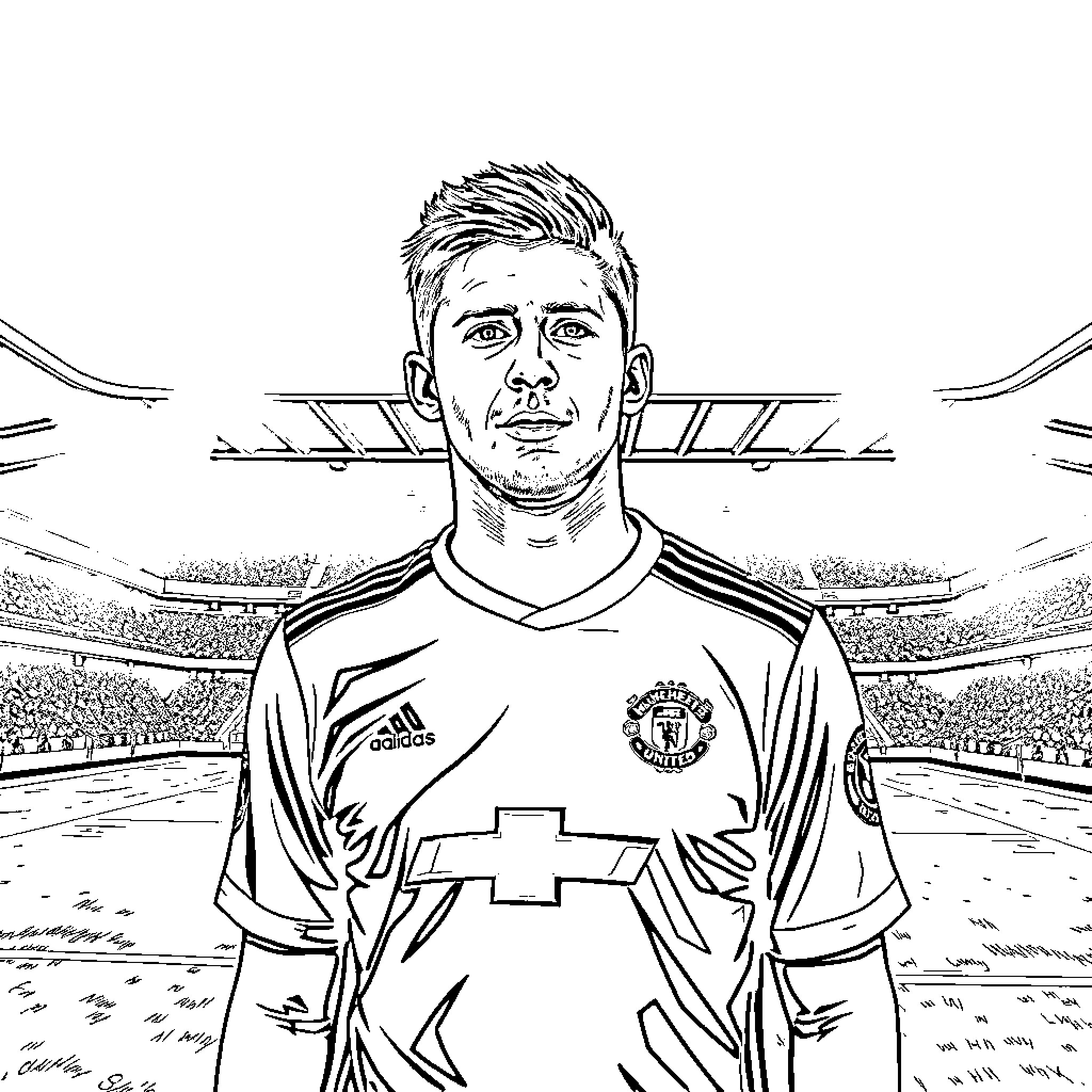 Kevin de Bruyne in Manchester United soccer jersey Coloring Page (free black-and-white line drawing printable PDF for all, from beginners to advanced learners, including children, teens, adults, and seniors)