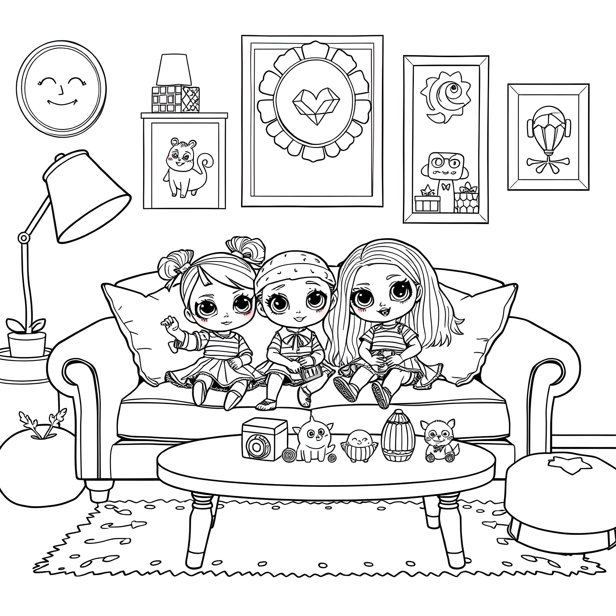 Doll friends relaxing on the couch Coloring Page (free black-and-white line drawing printable PDF for all, from beginners to advanced learners, including children, teens, adults, and seniors)