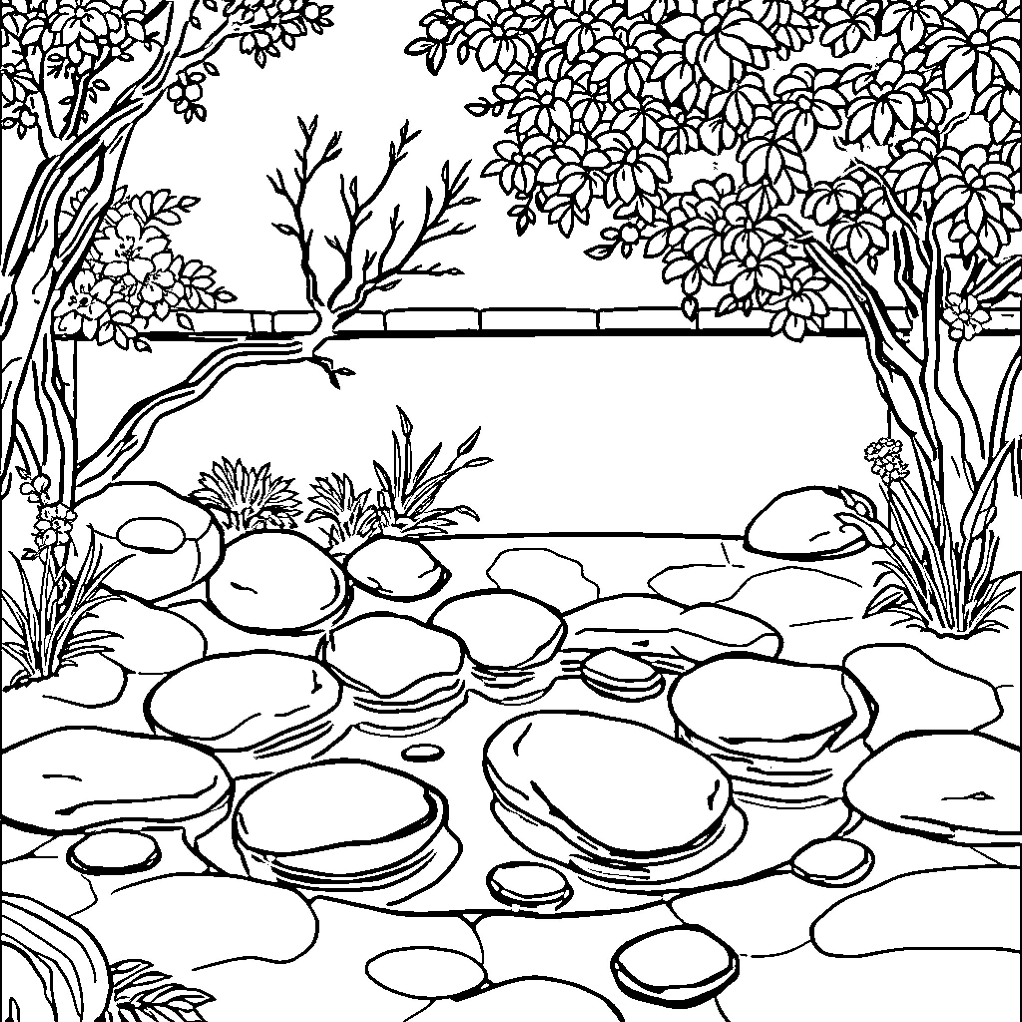 Zen Nature's Serenity: Lush Landscape and Tranquil Pond Coloring Page (free black-and-white line drawing printable PDF for all, from beginners to advanced learners, including children, teens, adults, and seniors)